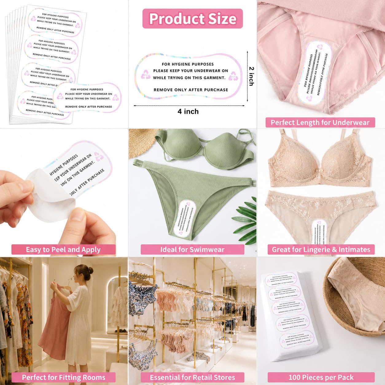 UK Warehouse - 100 adesivi protettivi per biancheria intima, costumi da bagno, etichette adesive trasparenti, 10,2 x 5,1 cm, per costumi da bagno