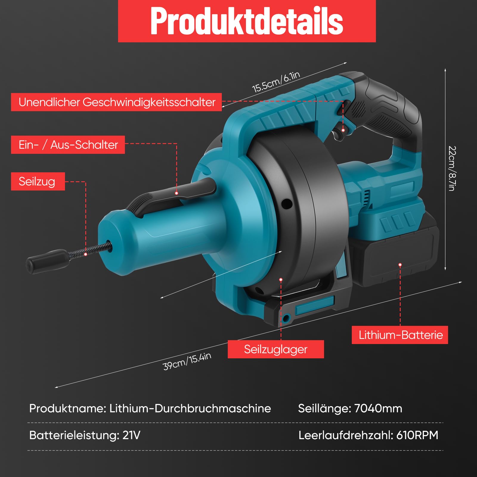 Akku Rohrreinigungsmaschine für Makita Akku 21V,rohrreinigungsspirale elektrisch mit 7.4M, Geeignet für 35–100 mm Rohre,spirale abfluss rohrreinigung für Abwasserkanäle, Toiletten(ohne Akku)