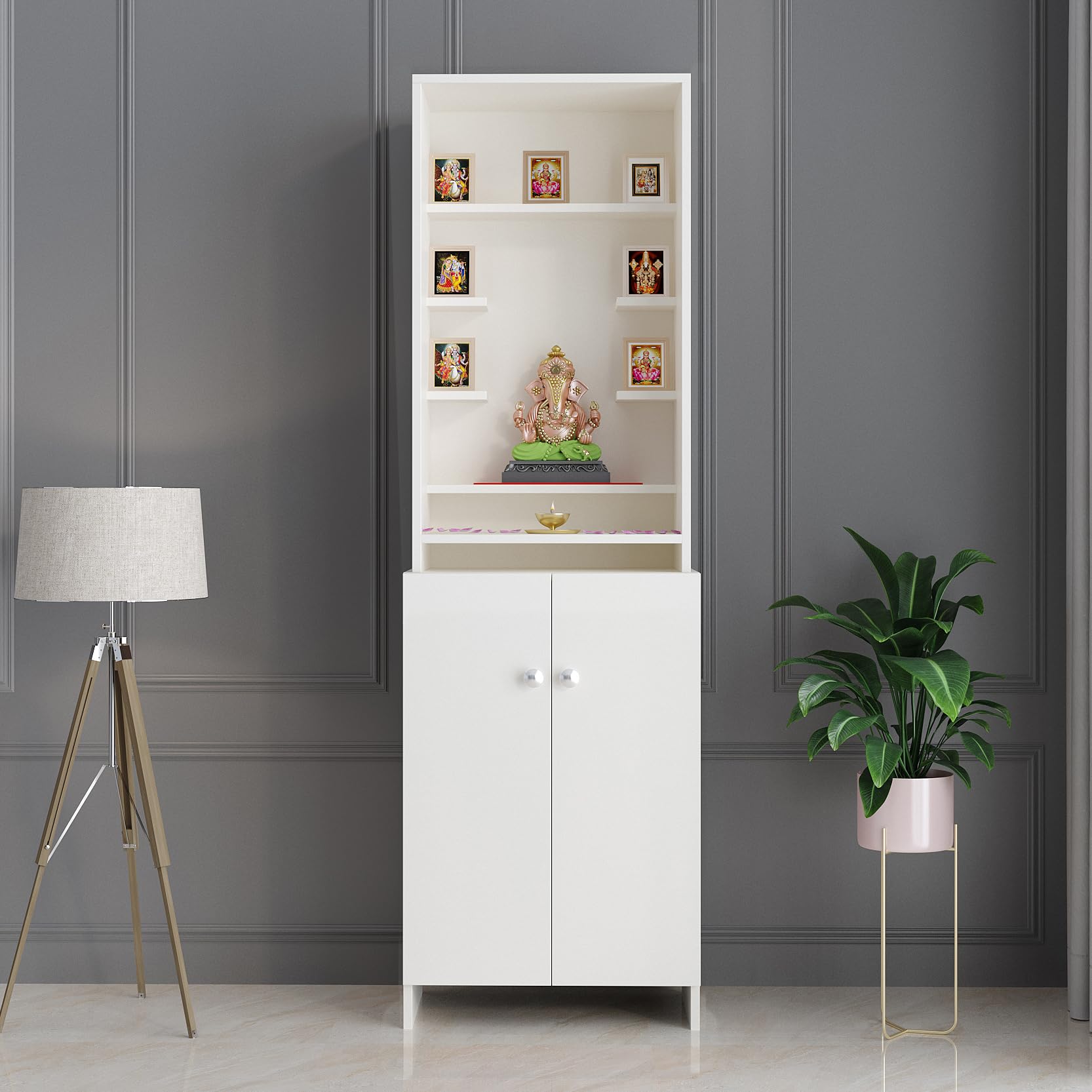 FURNEASER Shrisha Wooden Pooja Mandir for Home with Spacious Storage | Engineered Wood Floor-Standing Temple with Decorative Shelves | Frosty White Finish, 161x50x28 cm Prayer Unit
