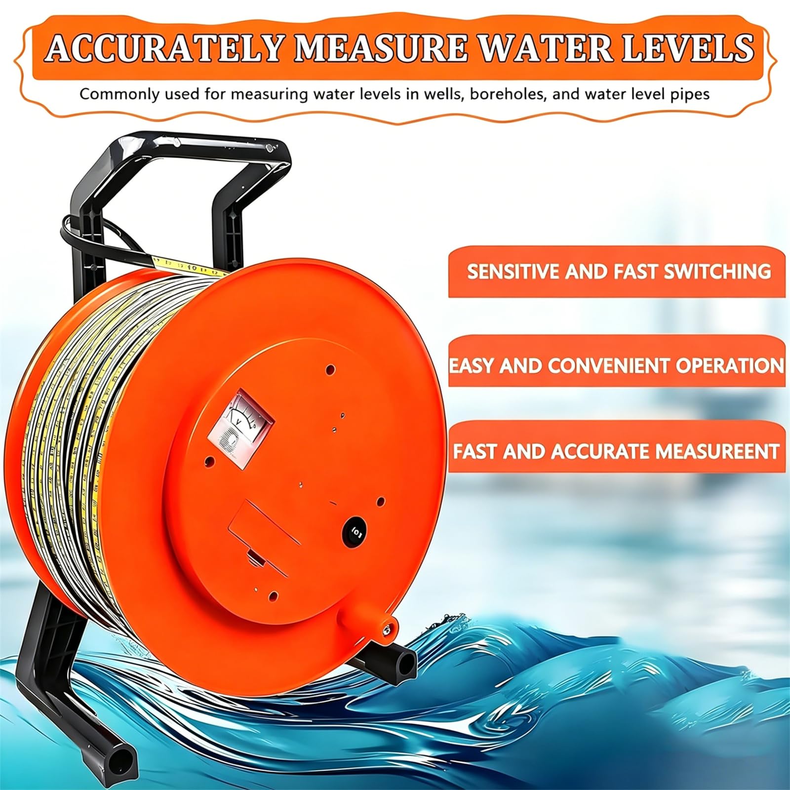 Medidor de nivel de agua, indicador electrónico de profundidad de pozo, sonda fija y cinta de acero, medición de nivel de agua de 50 m para pozos y medición de inmersión