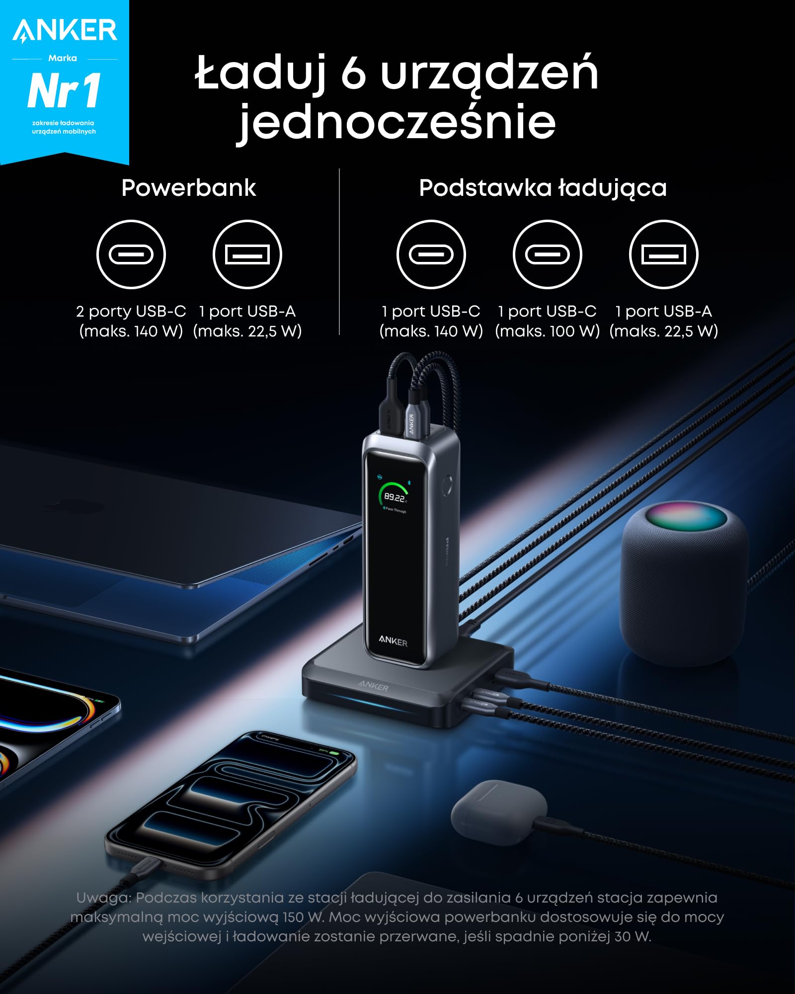 Powerbank i stacja ładująca Anker Prime, 20 100 mAh, 220 W, 6 portów | Powerbank i stacja ładująca Anker Prime, 20 100 mAh, 220 W, do 6 urządzeń, ładowanie dwukierunkowe, zgodność z wymogami TSA