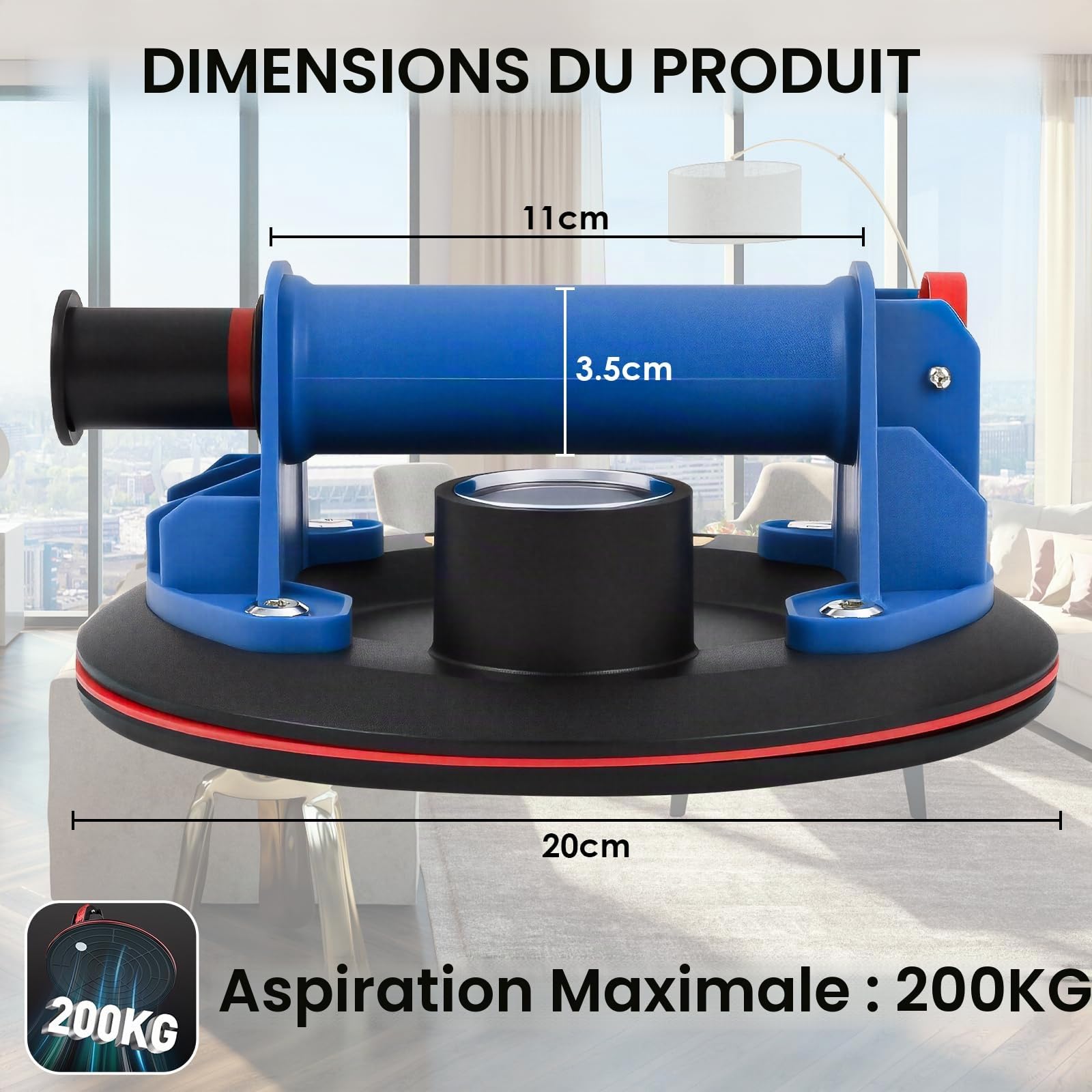 2 Pièces 8" Ventouse Carrelage avec Manomètre, Ventouse Vitrier Capacité de Charge Max 200 kg, Professionnelles Ventouses à Vide avec Boîte de Transport pour Verre, Carreaux, Marbre,Bleu
