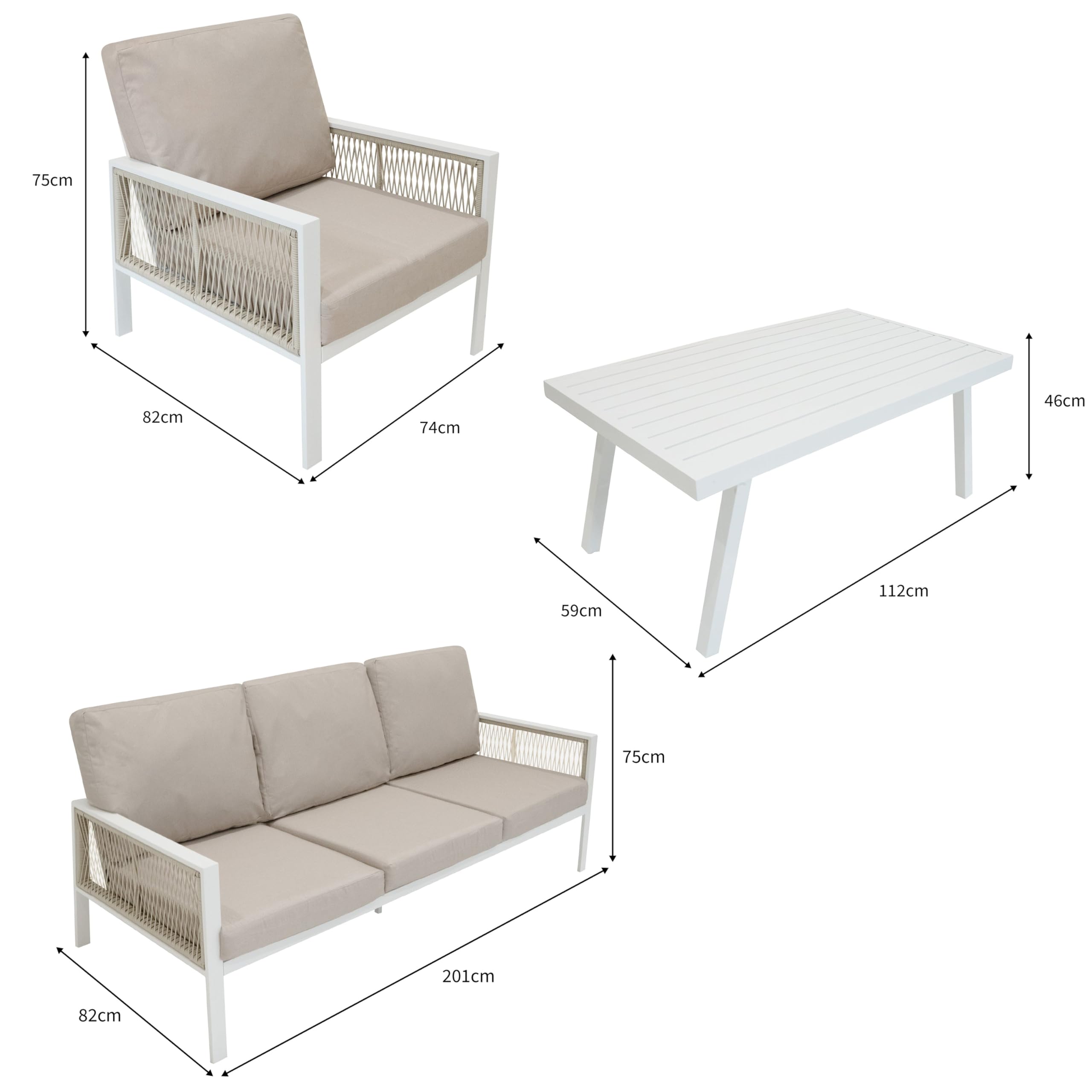 Set Mobili da Giardino 4 Pz in Alluminio Bianco con Cassapanca 582L in Rattan Nera da Esterno – Divano 3 Posti, 2 Poltrone, Tavolino, Cuscini, Copertura Impermeabile, Borsa Inclusa
