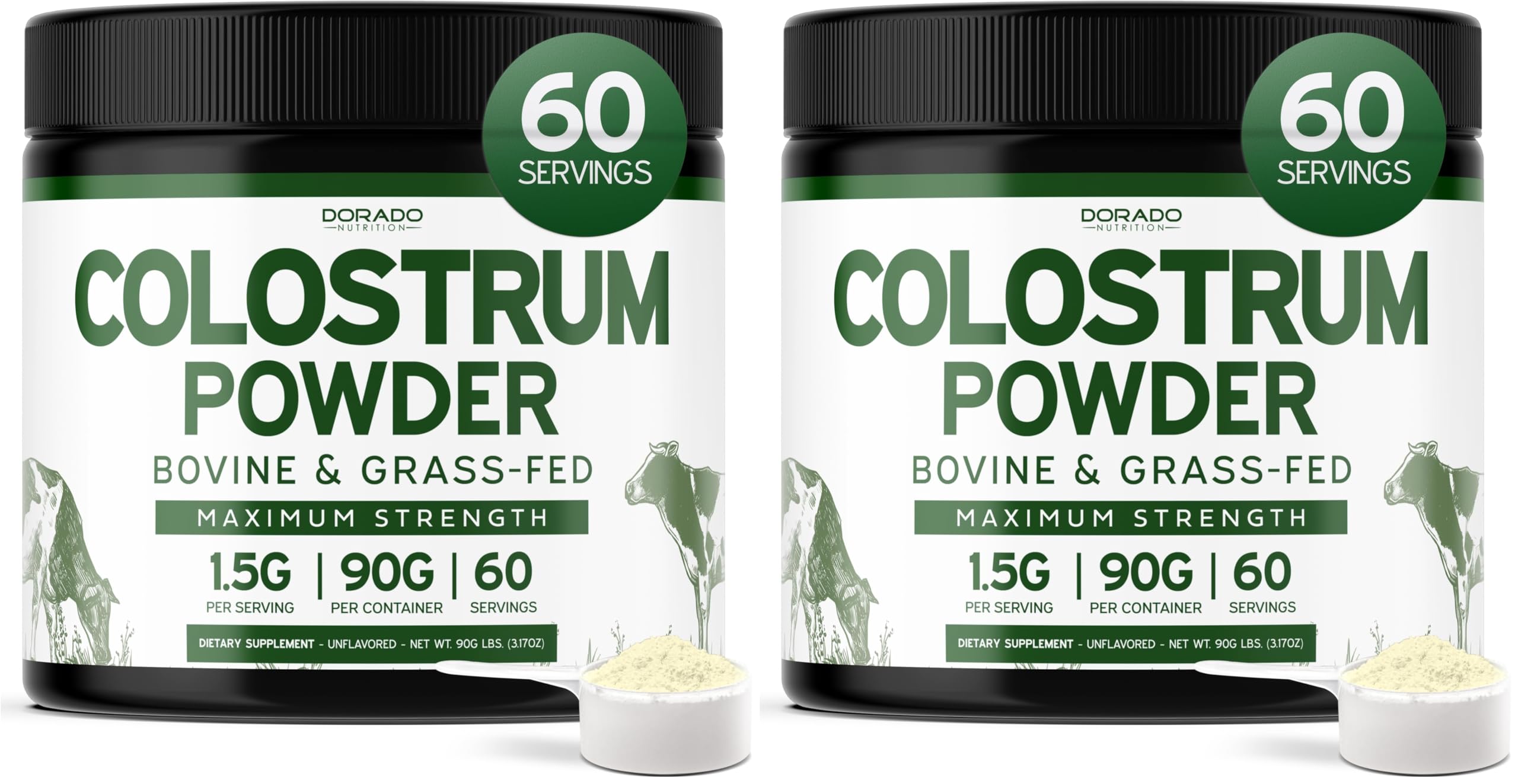 Colostrum Supplement Powder 90g (60 Servings of 1.5g Pure Bovine Colostrum Std. to Contain 20% IgG Immunoglobulins) Grass Fed Powder - No Fillers, Third Party Tested, Unflavored & USA Made (Pack of 2) 3.17 Ounce (Pack of 2)