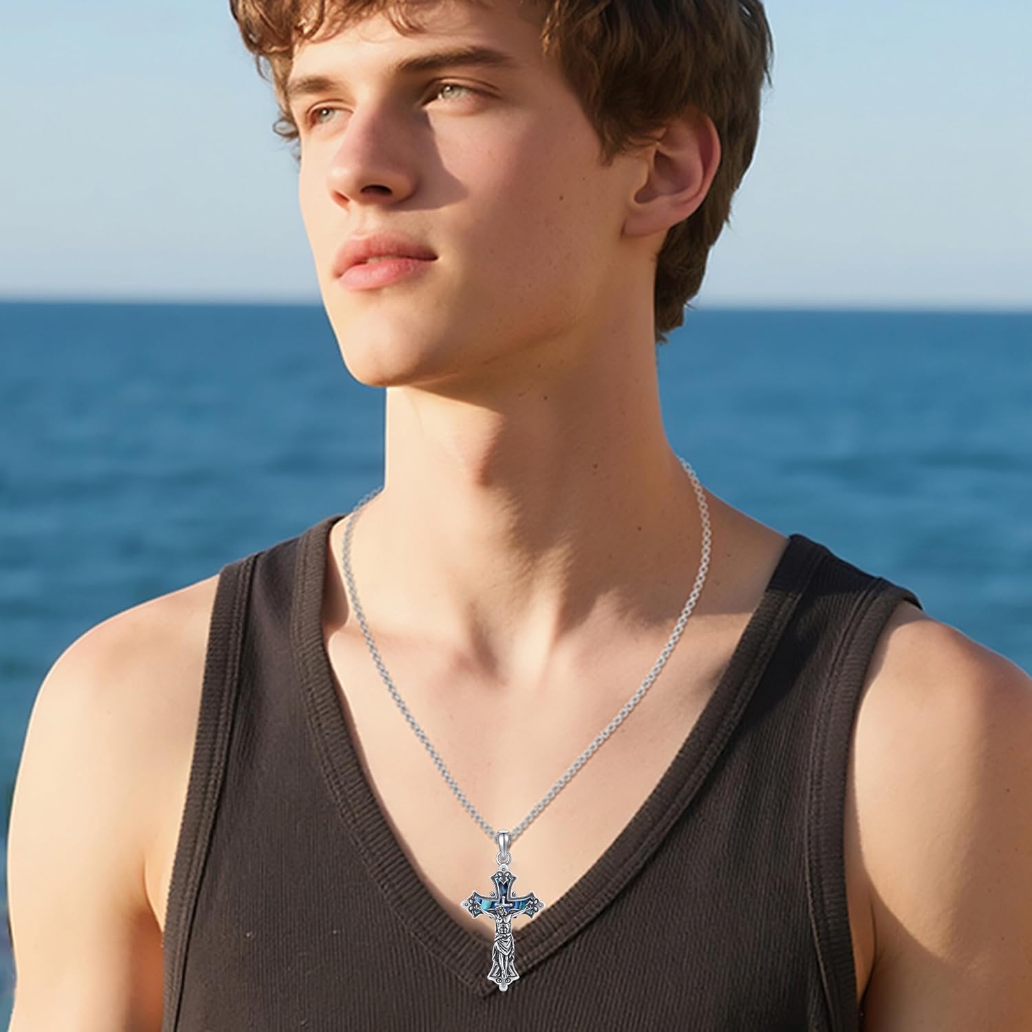 Crucifix Necklace Men 925 Sterling Silver Jesus Cross Pendant Necklace for Men Catholic Pendant Christian Crucifix Jewelry Christmas Gifts - Image 2