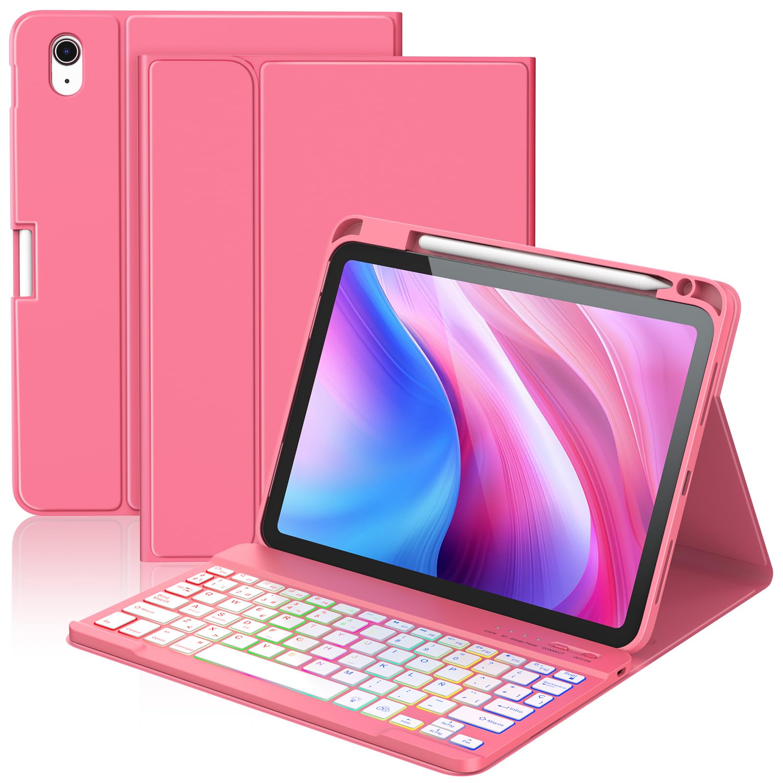 KBCASE Keyboard for iPad A16 11th Generation 2025/10th Generation 2022 (10.9/11 Inch), 7 Color Backlit Bluetooth Magnetically Keyboard for iPad 11/10 Gen, Spanish Ć, Red