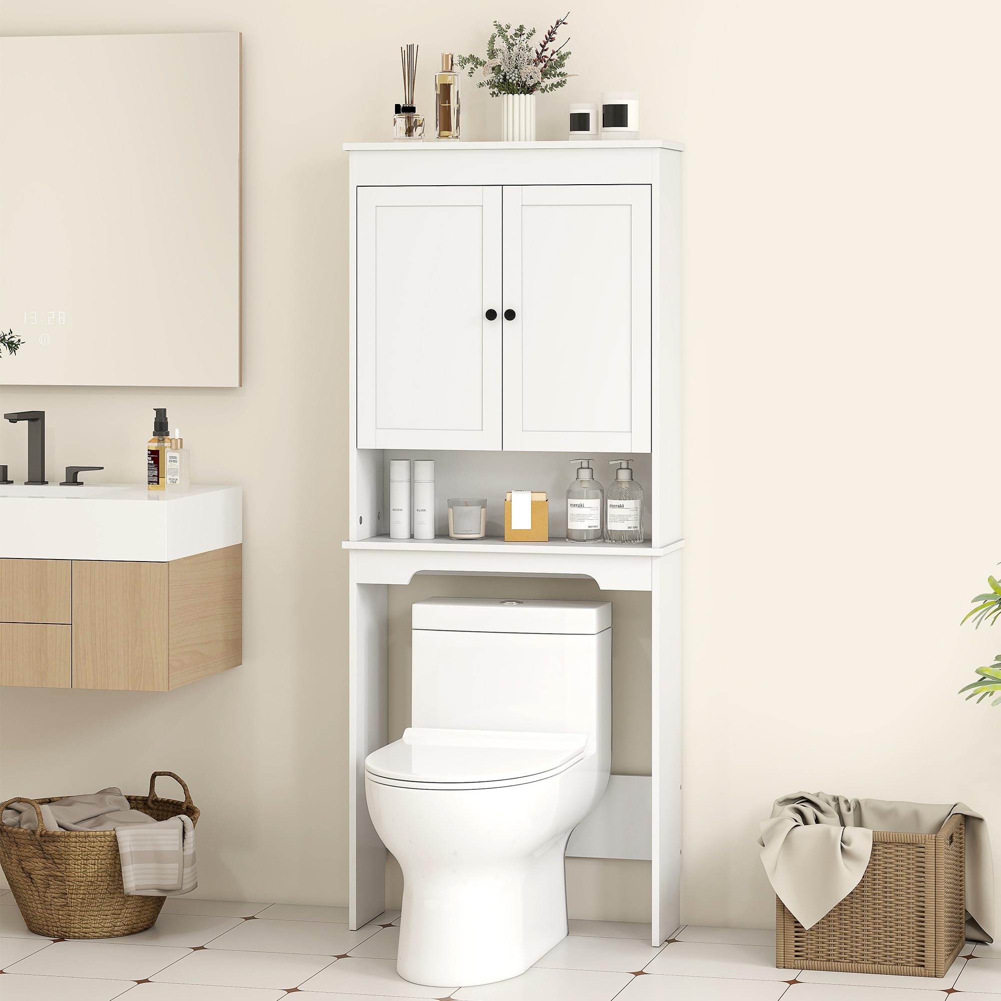 HOMCOM Mobile Sopra WC con 2 Mensole Chiuse, Ripiano Aperto e Soft Close, Mobile Contenitore Salvaspazio in Legno, Scaffale Sopra WC, 65x22x161 cm, Bianco