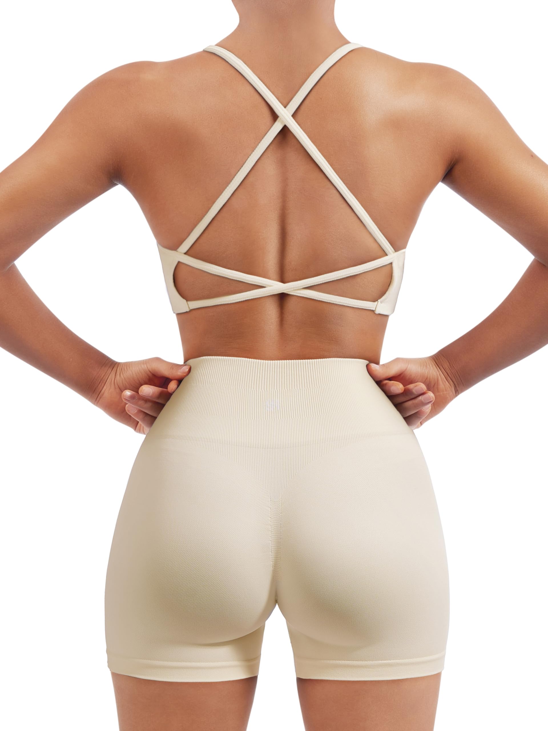 SUUKSESS Women Seamless Workout Sets Strappy Sports Bra High Waist Booty Shorts Outfits