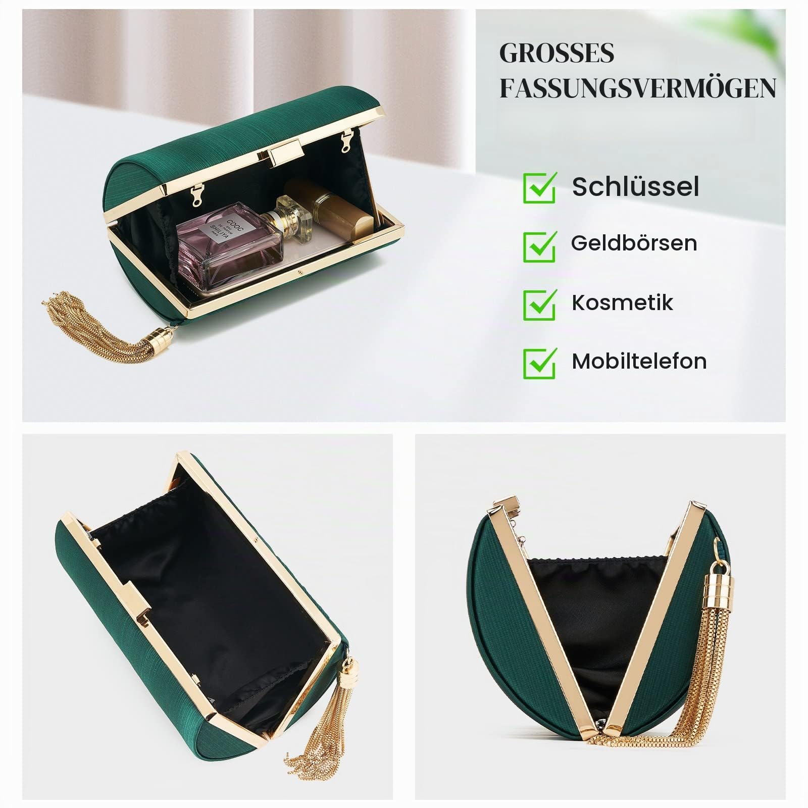 Damen Clutch Abendtasche Fransen Elegante Kettentasche Tasche Clutch Bag,Hochzeit Wedding Prom Party Handtasche Crossbody Schultertasche klein Umhängetasche