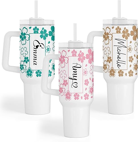 Vaso personalizado de 40 onzas con asa y pajita, vaso aislado de acero inoxidable, taza de viaje, taza de café de doble pared para bebidas frías y