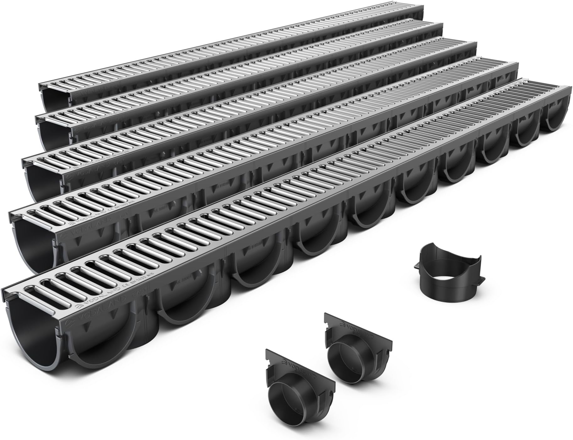 Vodaland EASY X1 Slim Plastic channel drain kit with galvanised steel grating - load class A15 (5 Pack)