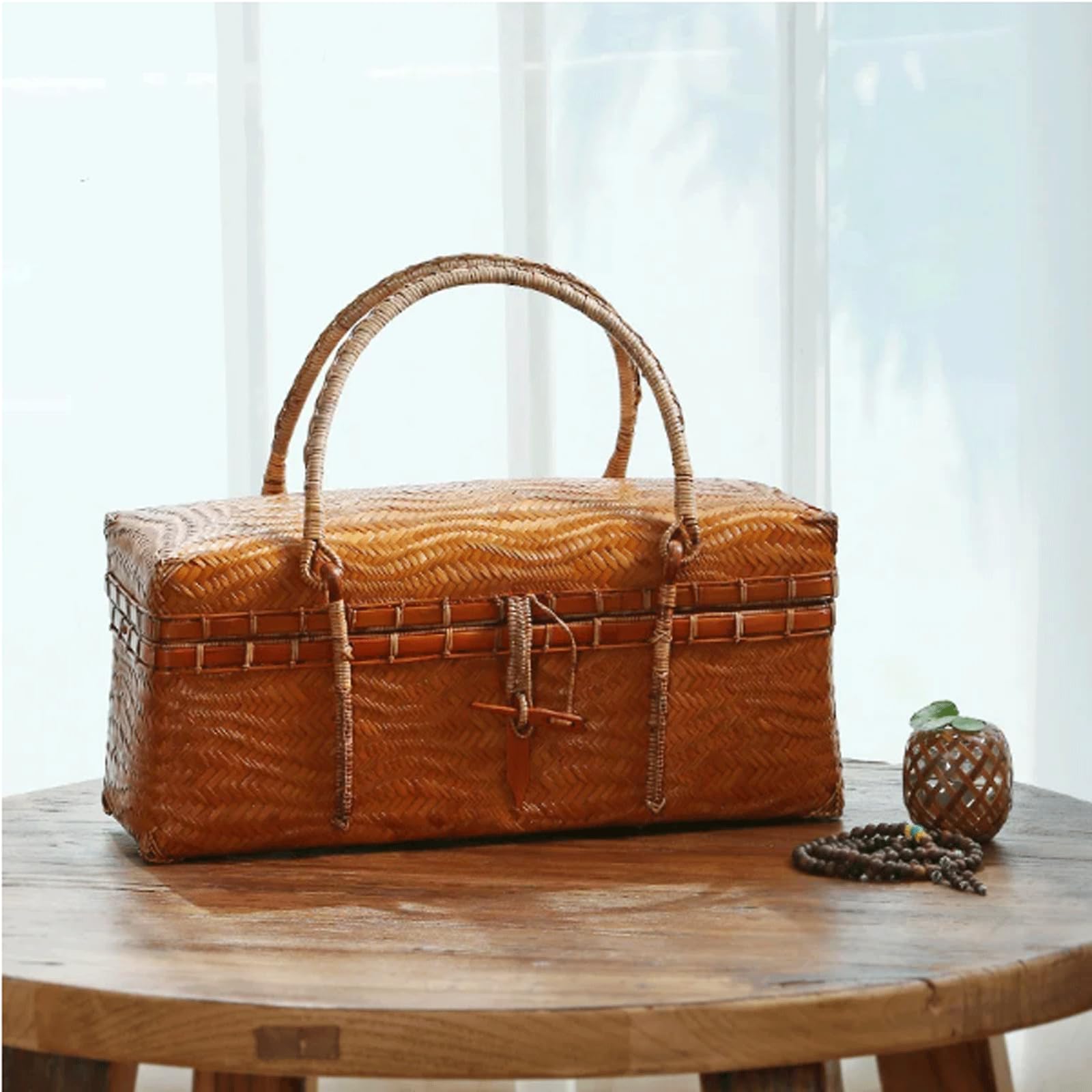 Panier De Pique-Nique Rétro en Bambou Tissé, Boîte De Rangement pour Aliments, Panier De Pique-Nique De Très Grande Capacité pour Les Pique-Niques Et Les Voyage，A-Large