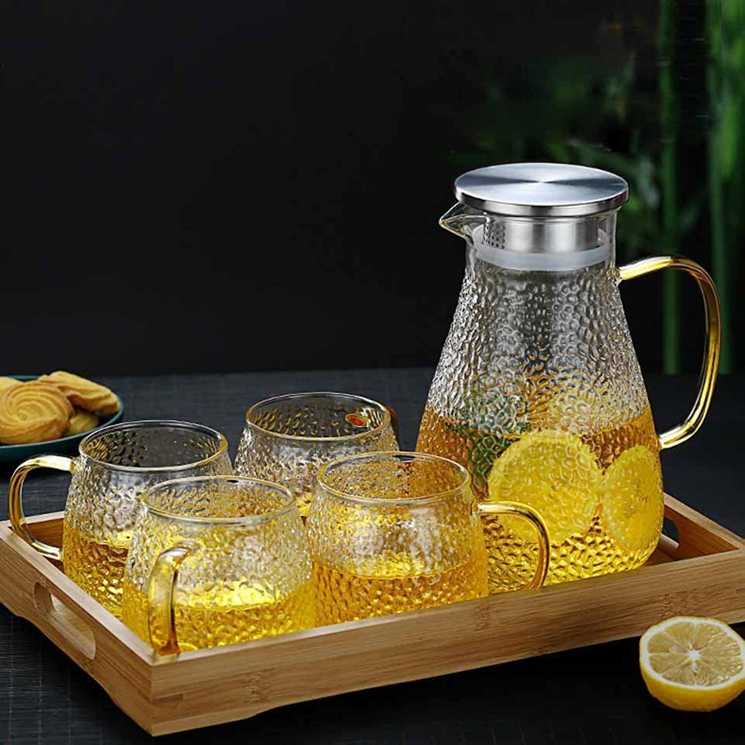 XIUWOO Glass Pitcher Set, 1500ML Water Pitcher with Lid And Four Cups, Wide-Mouth Iced Tea Pitcher, Easy Clean High Heat Resistant Borosilicate Glass Jug