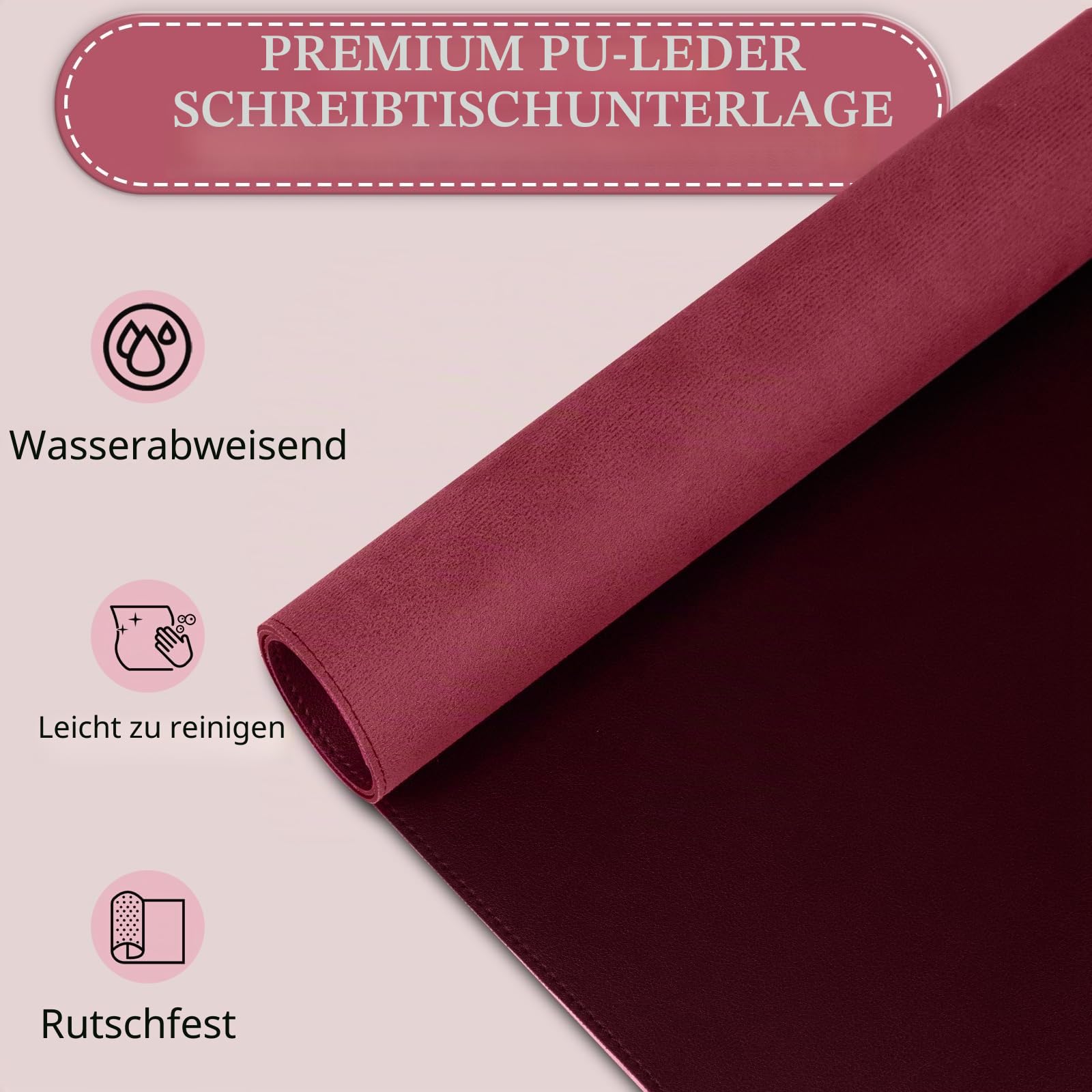 Rutschfest Schreibtischunterlage, 60 x 35 cm großes Mauspad mit Leder und Rutchfeste Wildleder, wasserfeste Laptop Tischunterlage, Tisch-Schutz Unterlag für Büro/Haus/Deko (Burgunderrot)