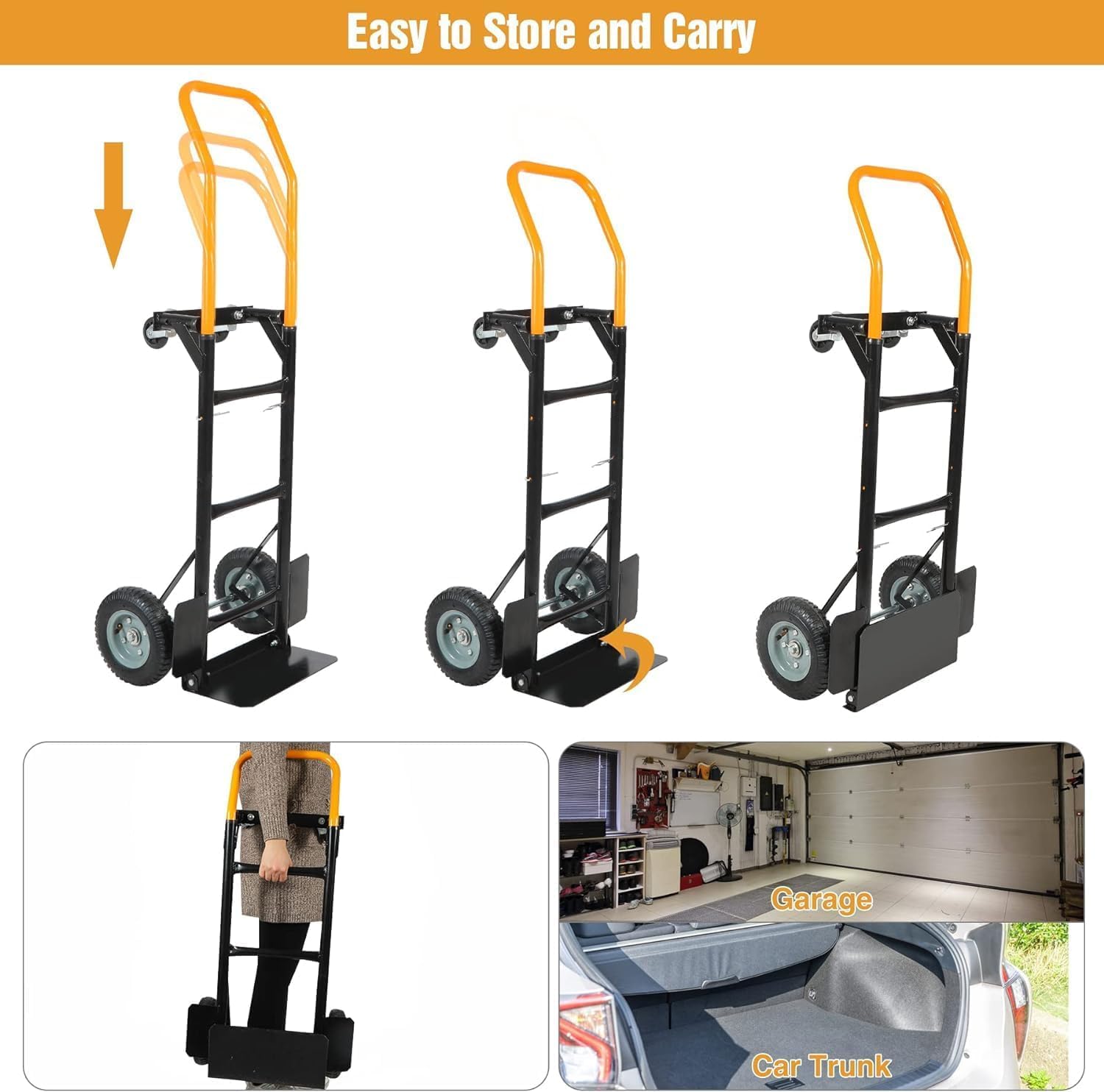 REDCAMP 2-in-1 Sackkarre, robust, 150 kg, zusammenklappbare Sackkarre | Umwandelbare Sackkarre, tragbarer 4-Rad-Dollywagen mit Drehgelenk, robuster Plattformwagen zum Umzug, 150 kg Kapazität, Gelb