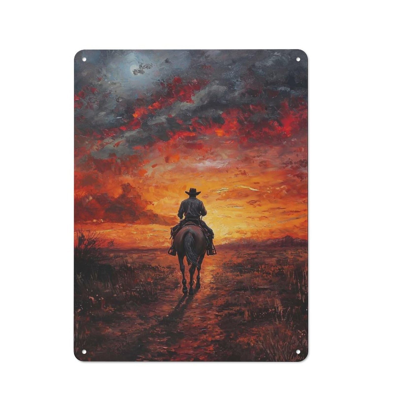 Junmoney Style-12 Cowboy Riding Into Sunset Vintage Metal Wall Decor 40X30cm, Vintage Metal Sign For Cafe, Bistro, Bakery Or Restaurant