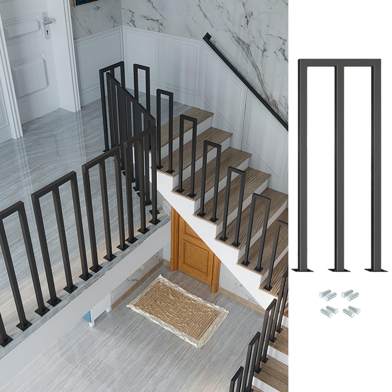 LWJSOCP Black Square Iron Banister Pole for Indoor Outdoor Stairs Handrail Attic Guardrail Spindles Industrial Style Balusters for Porch Deck U/M Shaped (45cm)