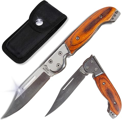 Navaja Pequeña con Cuchillo Plegable de Acero Inoxidable y Mango de Madera, Liviana y Compacta Navaja Española de Bolsillo o Llavero para Camping, Supervivencia, Trabajo, Caza, Pesca, Montaña