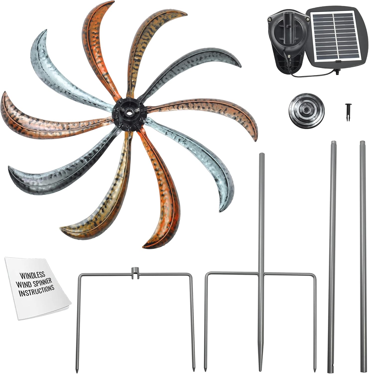 Bernini Fountains Windfree Wind Spinner - Solar Powered Spinning Yard Decoration 22 Inch Windspinner That Spins Without Wind - Metallic Color