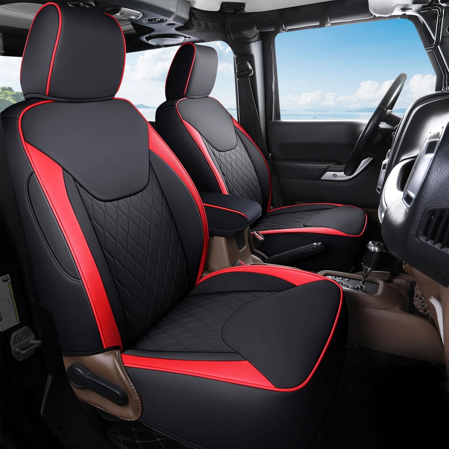 Coverado Seat Covers for Jeep Wrangler JK JL, Leather Red Seat Covers for Truck Automotive Seat Covers Custom Fit for 2007-2026 Jeep Wrangler 2-Door/4-Door（Front）
