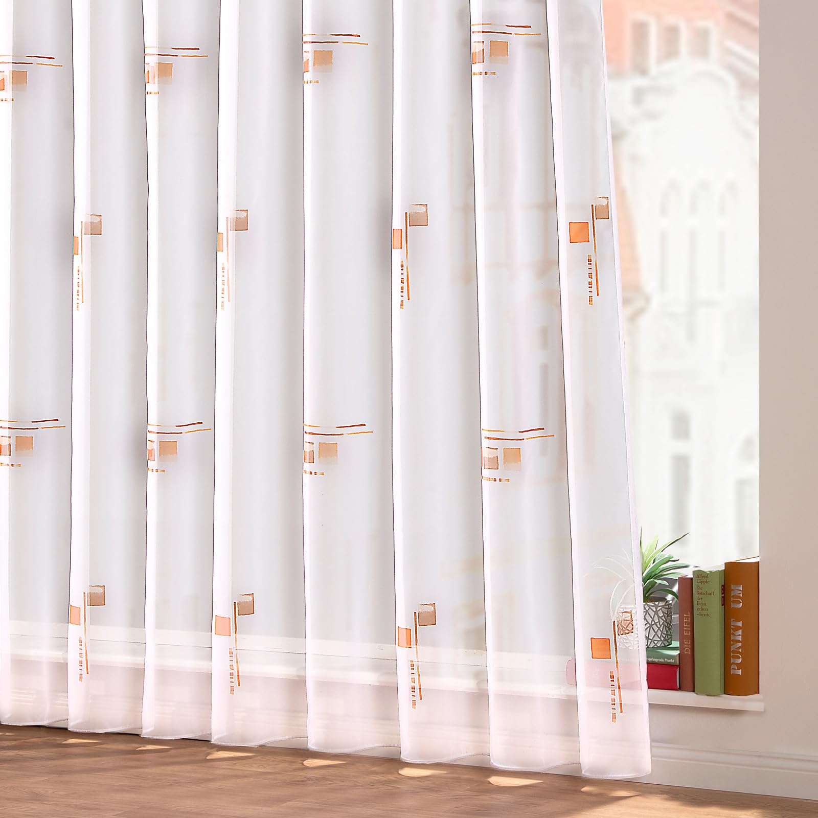 heimtexland ® Gardinen Store Voile Smokband Vorhang transparent Bleiband Fertiggardine Typ873 Orange HxB 175x500 cm
