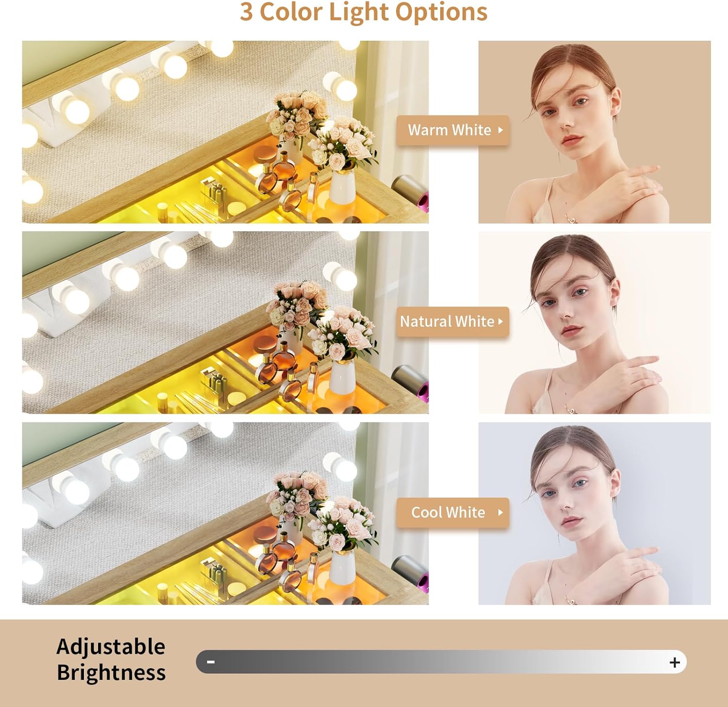 VOWNER Vanity with Mirror and Lights, 43" Makeup Vanity Desk with LED Light, Glass Top Vanity with RGB Drawers, 3 Color Lighting Modes Adjustable Brightness, Makeup Table for Bedroom, Oak