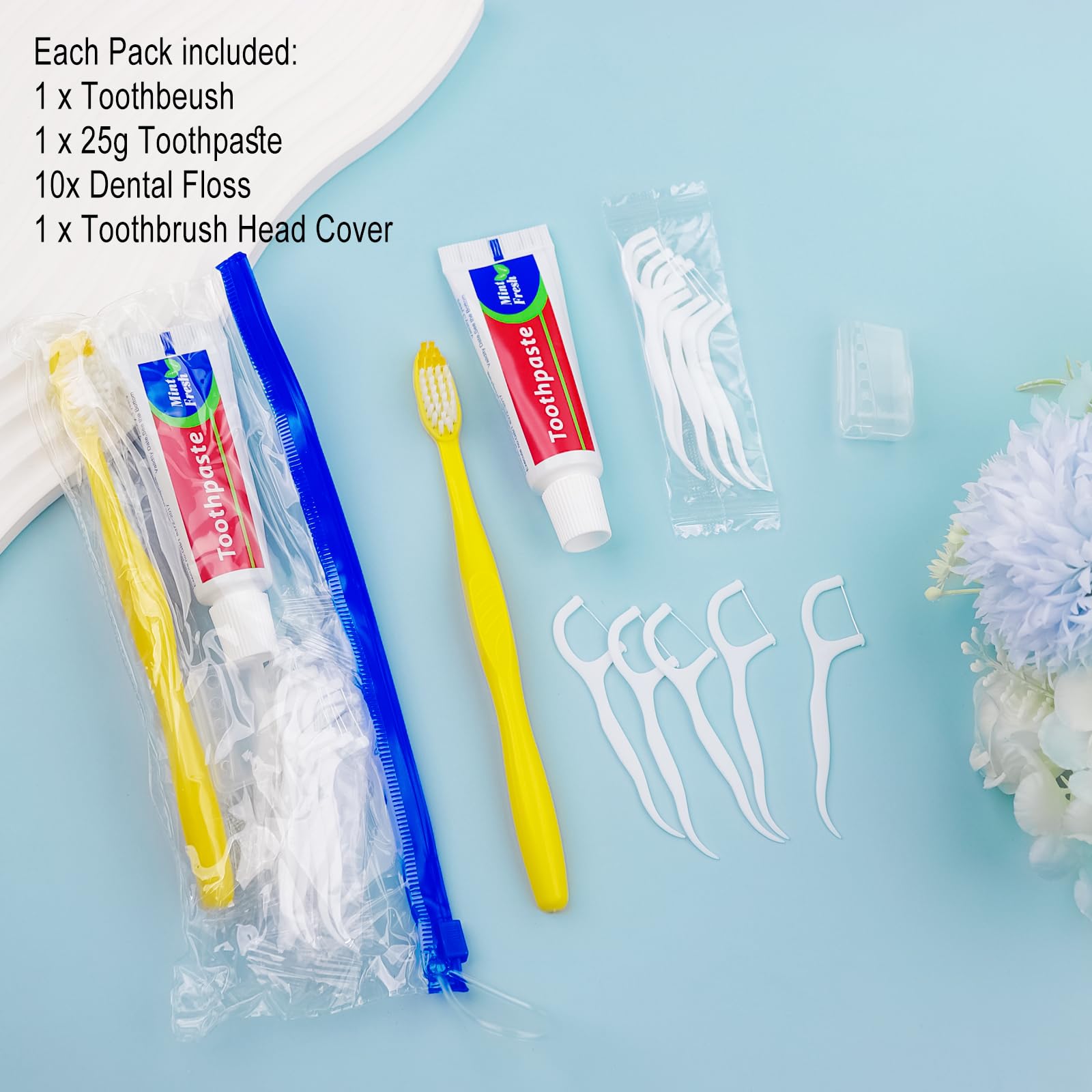 Set di 100 spazzolini da denti usa e getta con dentifricio e filo interdentale, gialli confezionati singolarmente, usa e getta, con custodia con cerniera, per senzatetto, hotel, ospiti