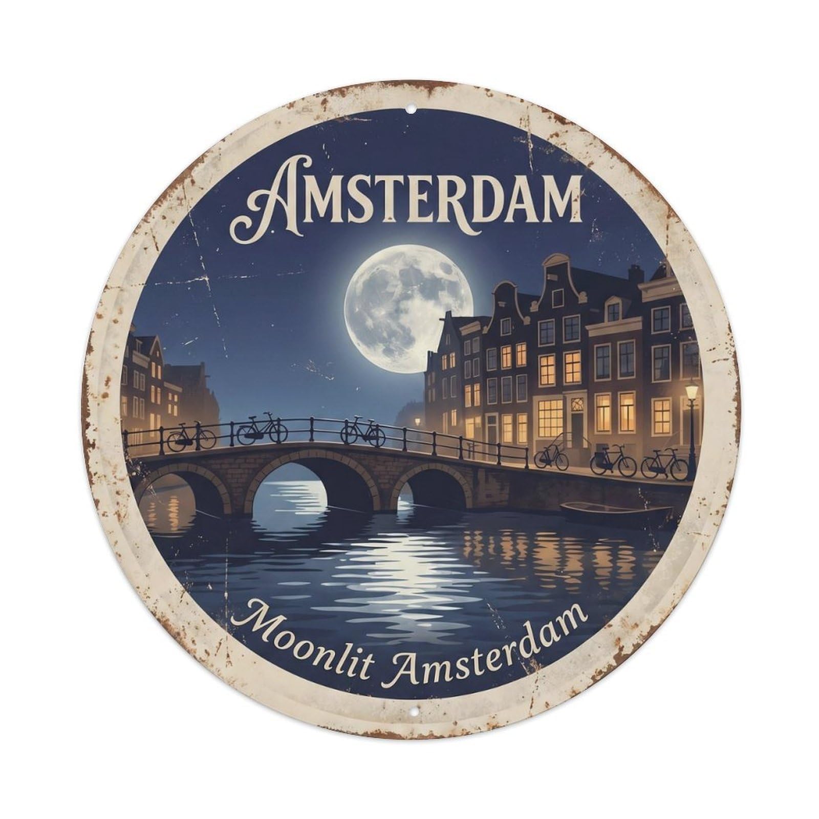 Vintage Travel Amsterdam Moonlight Canal Metal Tin Sign Plaque