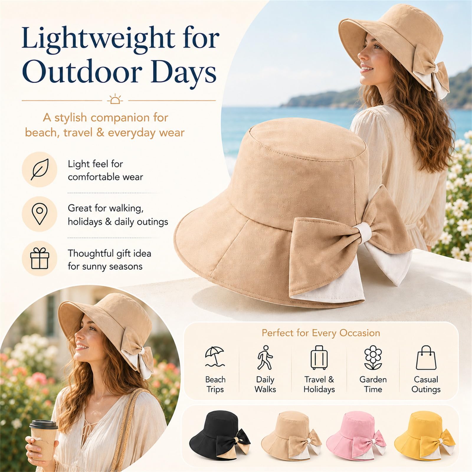 Genérico Women's Bowknot Wide Brim Sun Protective Hat, Sun Hat with Bow, Foldable Summer Hat for Women, Breathable Outdoor Vacation Hats