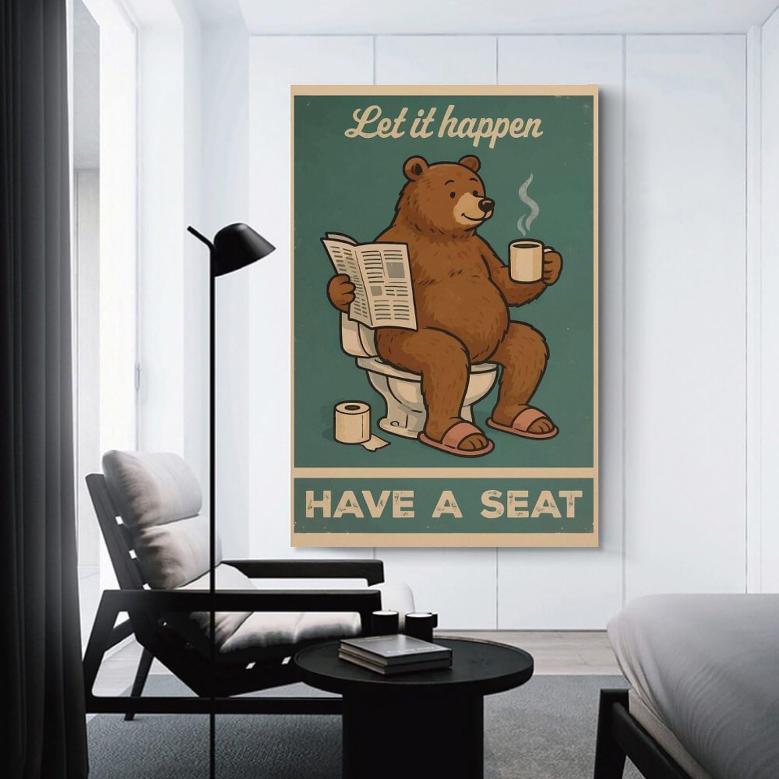 Junmoney Unframe-Style-23 Decorative Canvas Print Bear On Toilet Reading Newspaper, 20X30inch(50X75cm), For Home Office, Desk Area Or Studio, Home Office Artwork With Decorative Appeal