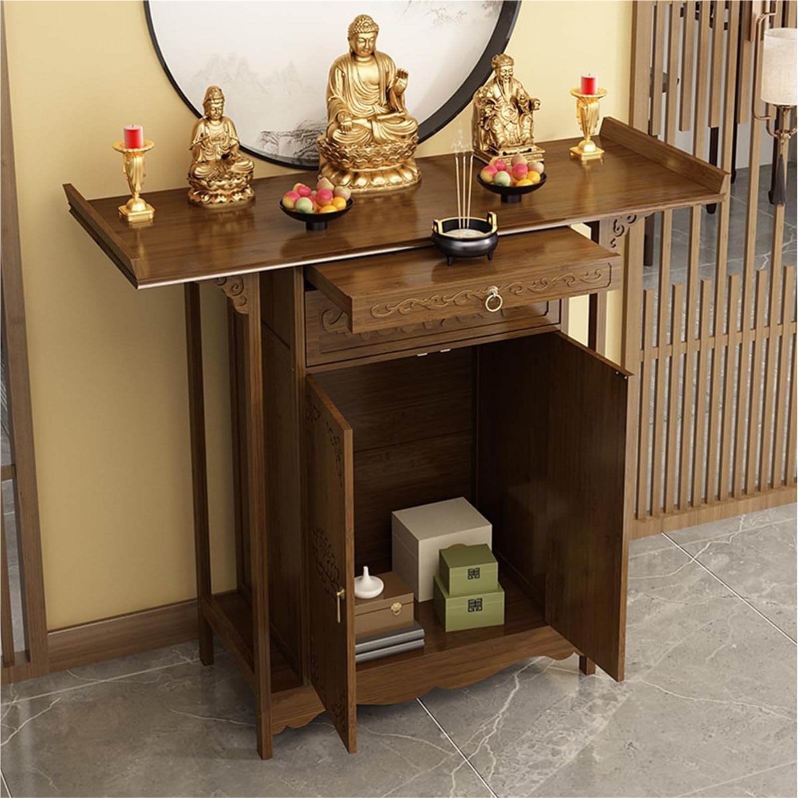 Dark Brown Altar Table With Acrylic Doors – Perfect For Home Shrines, Temples & Meditation Spaces