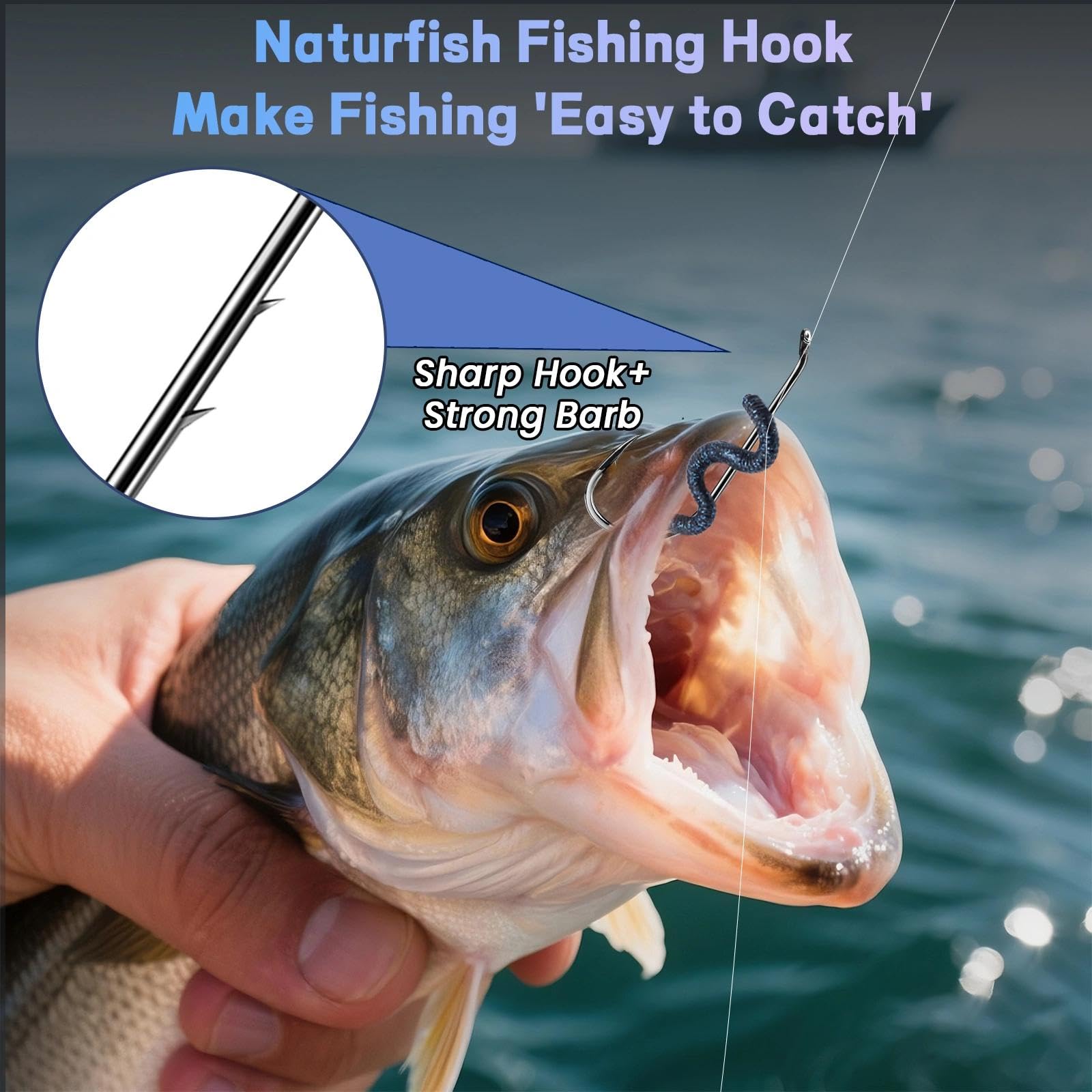 Natufish Baitholder Haczyki wędkarskie, 50 szt. haczyków na przynęty, offsetowe, podwójne, kolczaste, długi trzpień, oczko puchowe, do miękkich żywych przynęt, słonowodnych