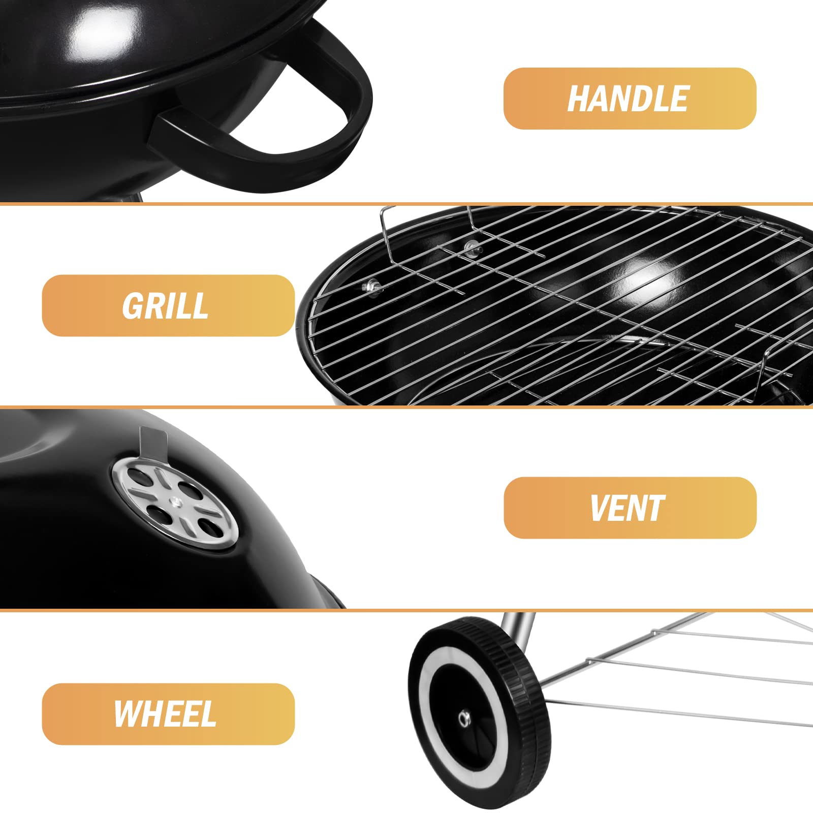 Holzkohlegrill, Kugelgrill mit Deckel, Rundgrill mit Rädern und Griff, BBQ Grills Campinggrill, Schwarz