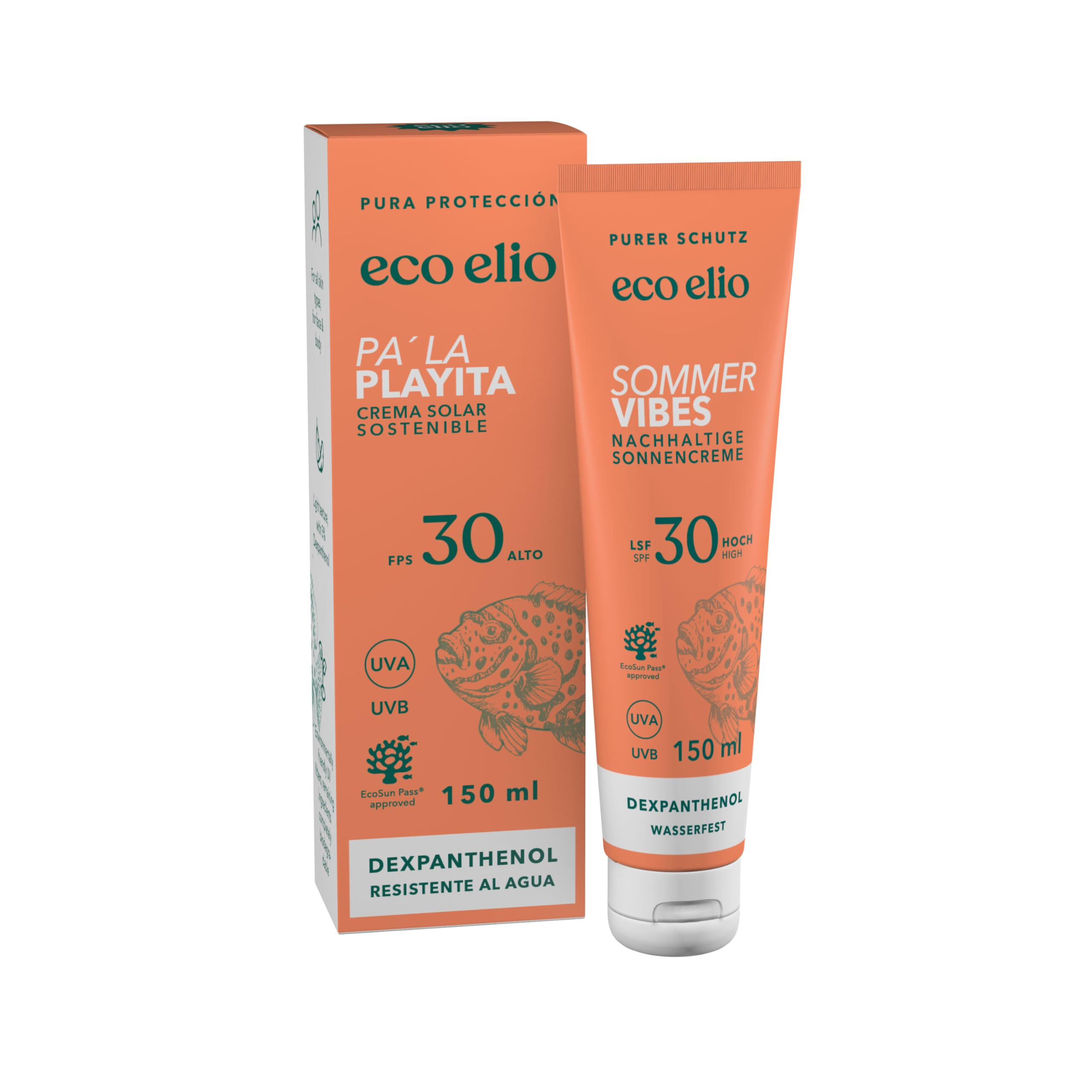 eco elio SPF 30 crema solar sostenible 150ml "Pa’ la playita" I Crema solar resistente al agua sin octocrileno ni microplásticos I Crema solar fragancia coco I Crema solar facial y corporal 30