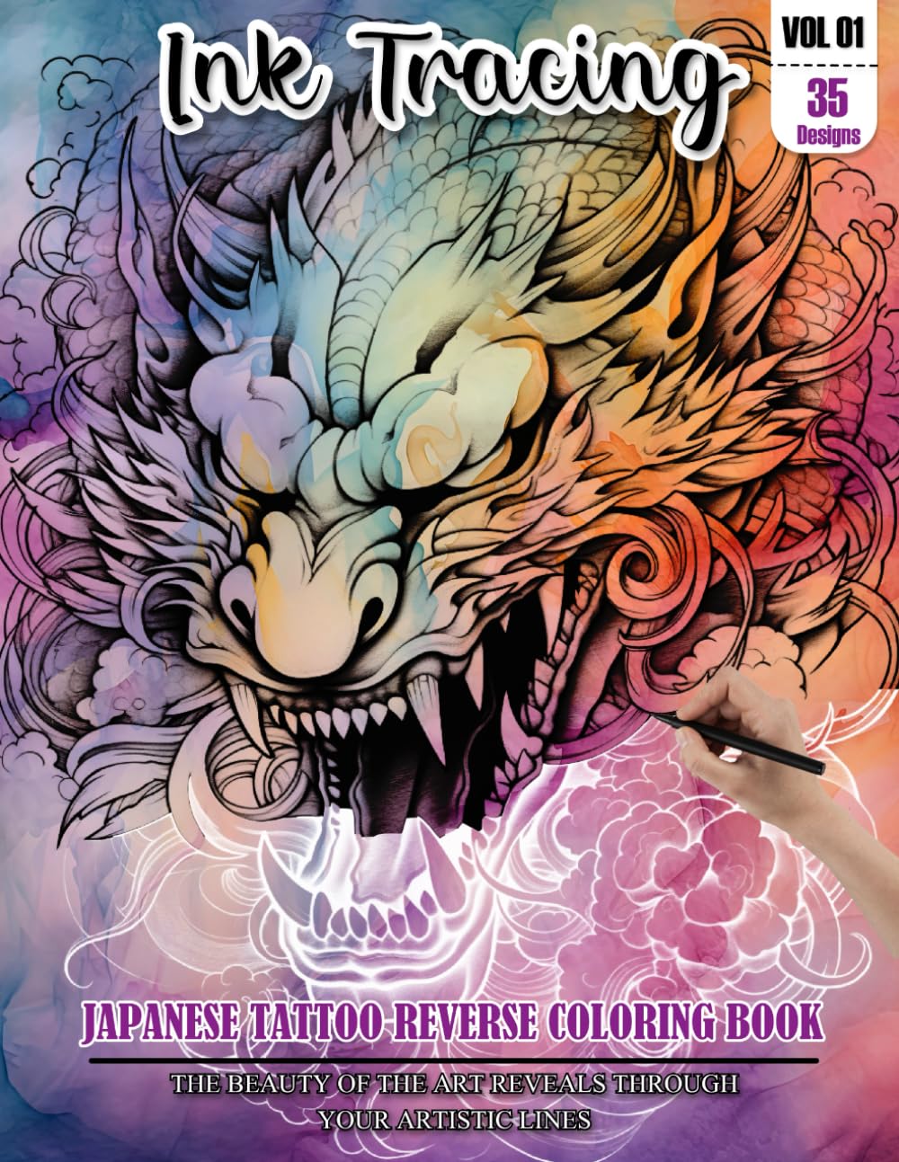 Ink Tracing Book: Stress relief Japanese Tattoo Coloring Book for adults: mindfully Follow white lines to Uncover 35 Beautiful Japanese Tattoo arts | ... water color pages a perfect gift for adults.