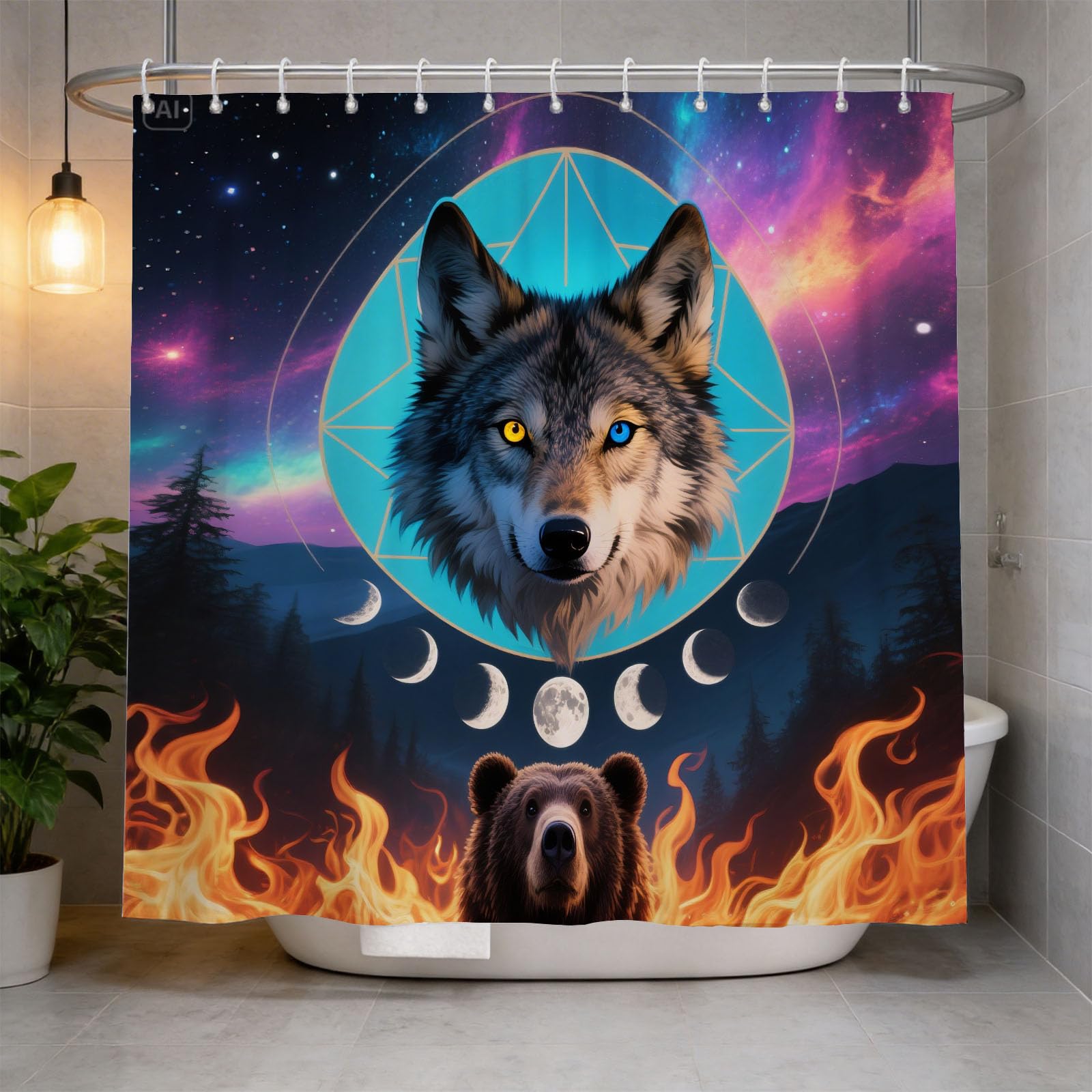 Hongduo 3D Wolf Totem Shower Curtain for Stalls Bathtubs Mystical Bathroom Decor Shower Curtain Set Polyester Fabric Waterproof 120x180cm/48X71 Inch with Hooks