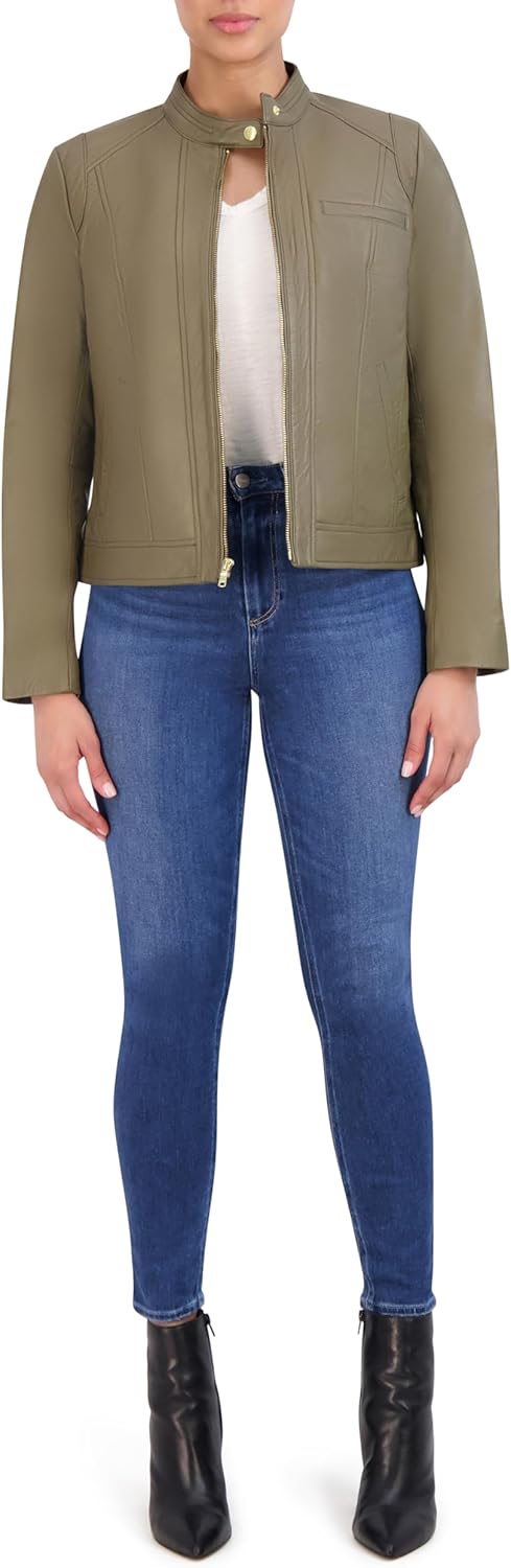 Cole Haan Women's Zip Front Fully Lined Leather Coat