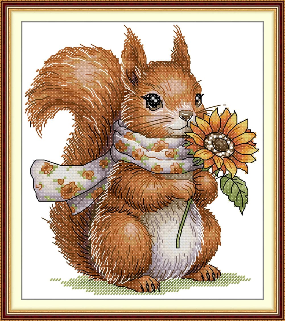 Meecaa Cross Stitch Kits 14 Count Stamped, Squirrel Sunflower Animal Flower Embroidery Kit with Accessories Pre Printed（21×25CM (Squirrel)