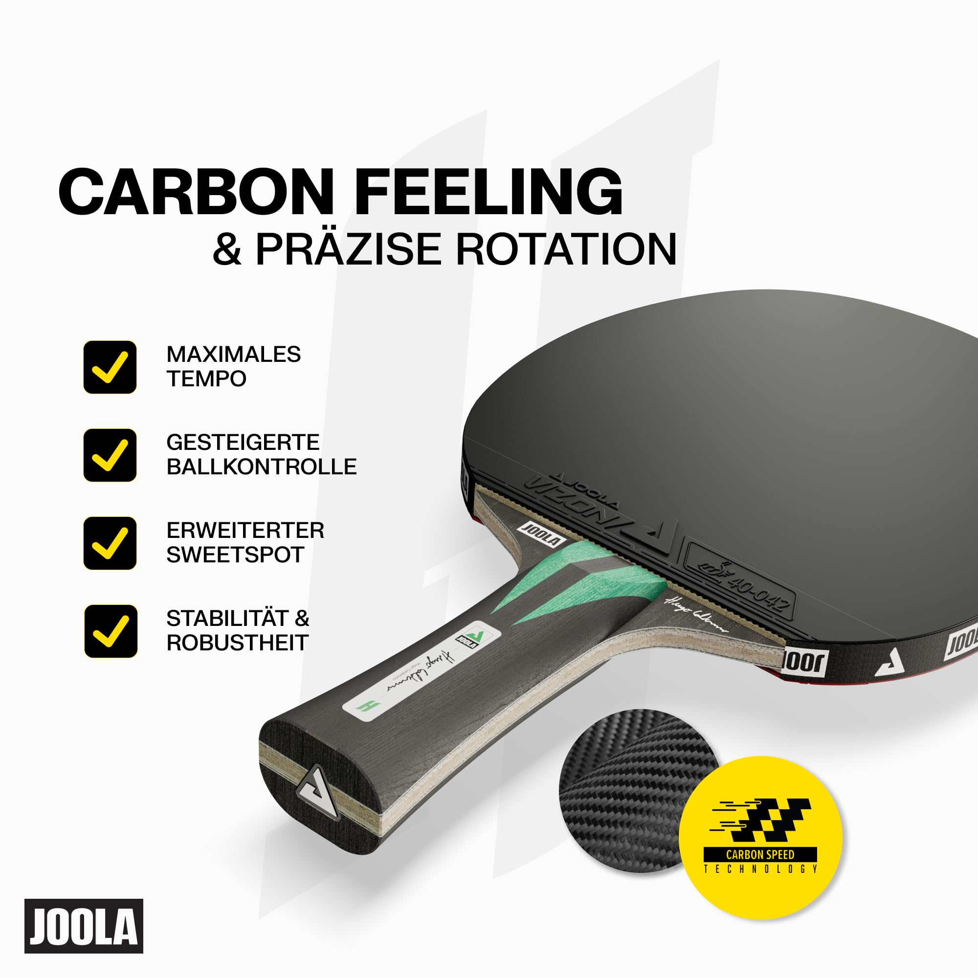 JOOLA Hugo Calderano Carbon Tischtennisschläger inkl. 3 Tischtennisbälle + Schlägerhülle, ITTF-zugelassen, VIZON-Beläge, schwarz/grün