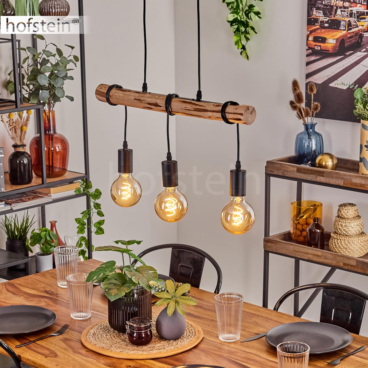 Lámpara De Techo Montgomery - Estilo Industrial Vintage, De Metal Y Madera - 6 Casquillos E27 (sin Bombillas) - Negro/Natural