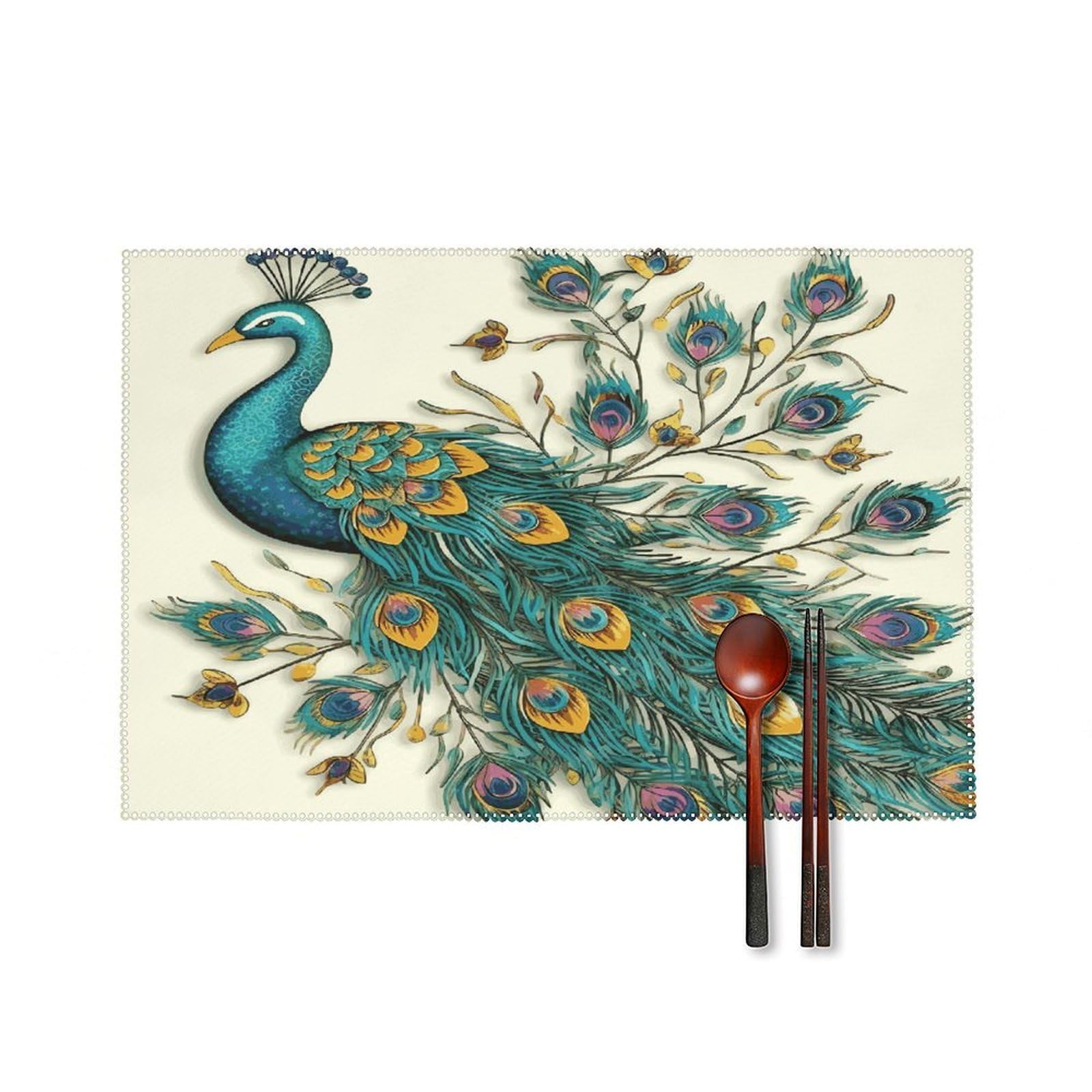 Peacock Pattern Placemats Set of 4 Heat Resistant Non-Slip Place Mats for Dining Table Washable Placemat Wipeable Dining Table Mat Canvas Place Mats Dining Table Decor