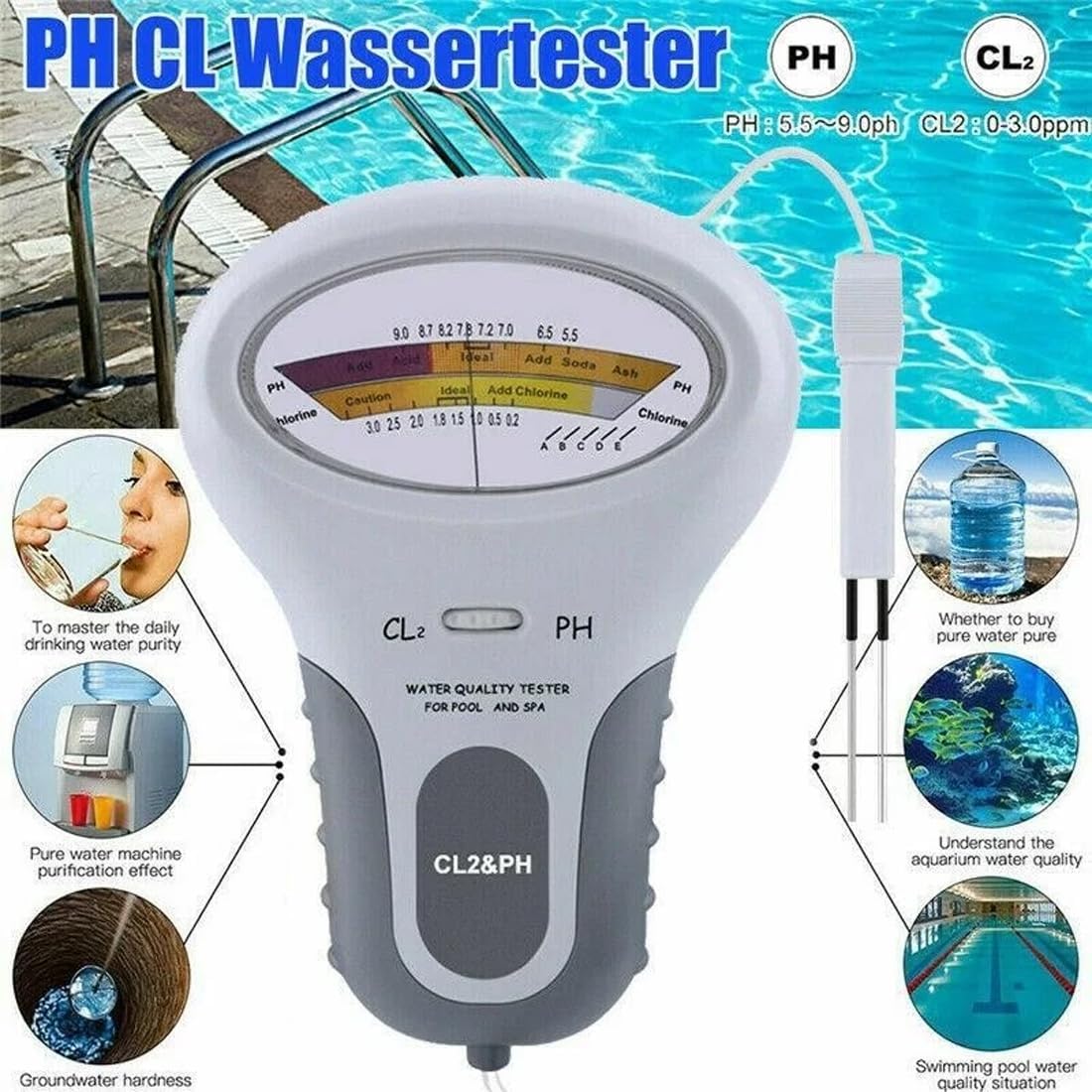 Rilevatore di cloro residuo e misuratore di pH con sonda, compensazione automatica della temperatura per acqua potabile, laboratori, acquari, piscine