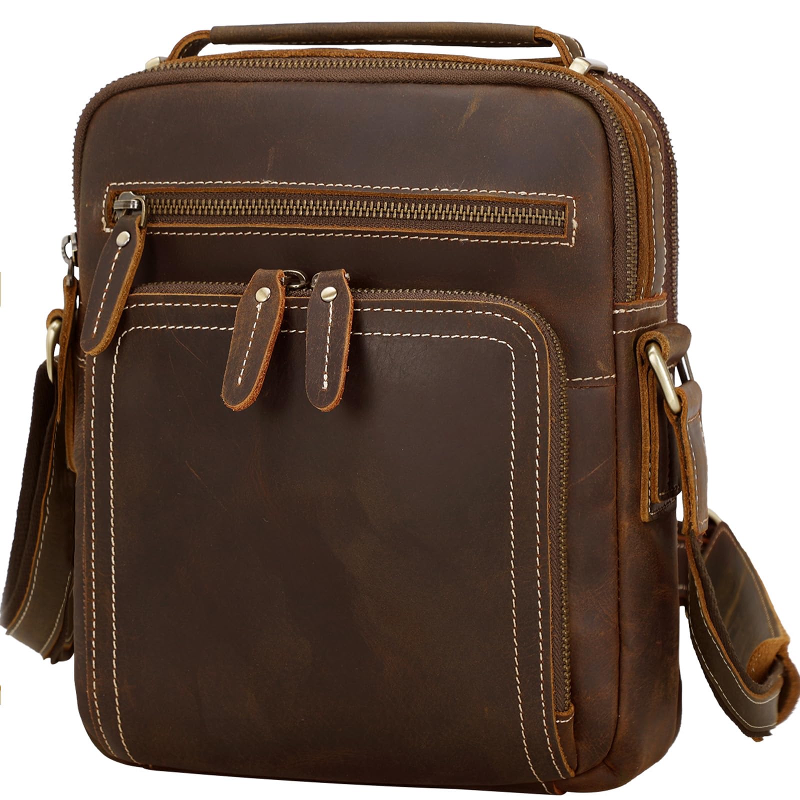 TIDING Bolso de hombro de cuero para hombre, pequeño bolso de viaje vintage cruzado para el trabajo, negocios, color marrón