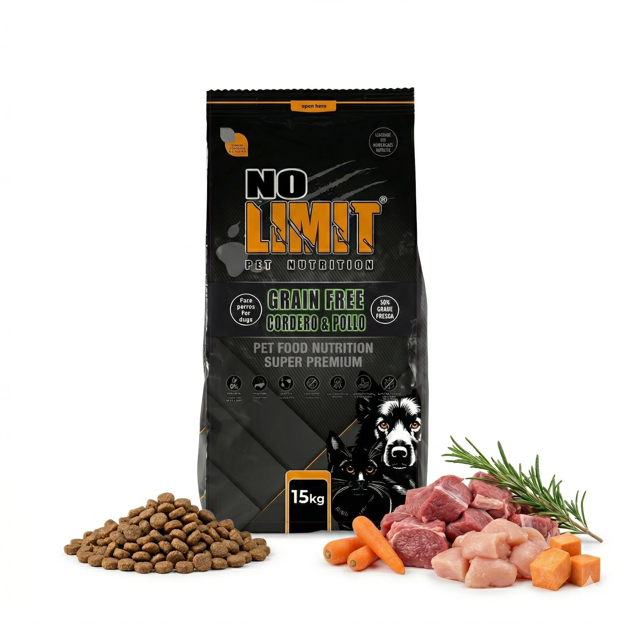 NO Limit Pienso para Perros 15kg sin Cereales Cordero y Pollo Grain Free – Comida Natural para Perros con digestiones sensibles – Dog Food Premium con Omega 3 y Soporte Articular
