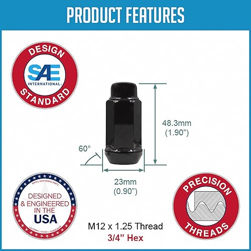 Miniatura 4 de Wheel Accessories Parts 24 tuercas de rosca de 0.472 in, 1.25, 12 x 1.25, bellota de 34 pulgadas, hexagonal, 1.90 de largo, color negro cromado, se