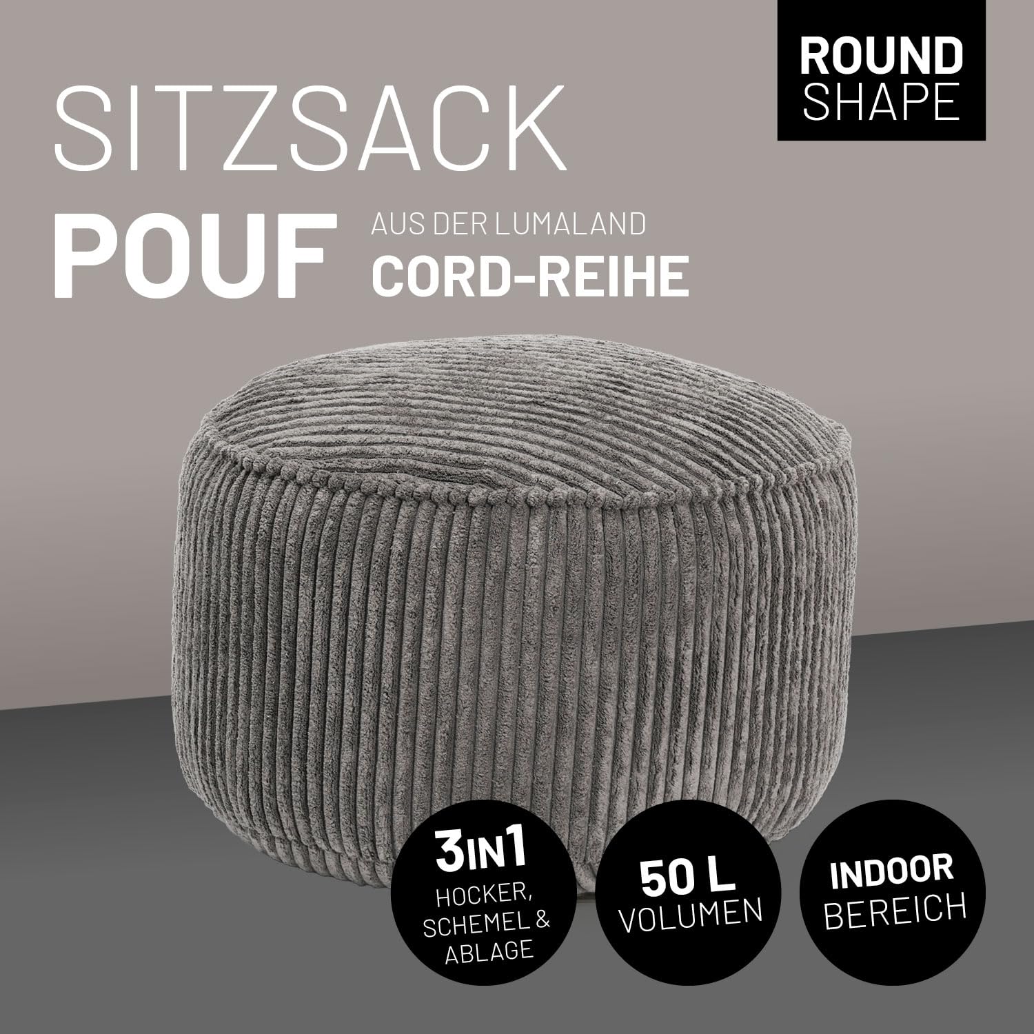Lumaland Sitzsack Pouf aus Cord | Kompakter 50L Gaming Pouf mit 3-in-1-Funktion: bequemer Hocker, praktisches Tischchen & stylischer Indoor Fußschemel | Ø 25 x 45 cm [Grau]