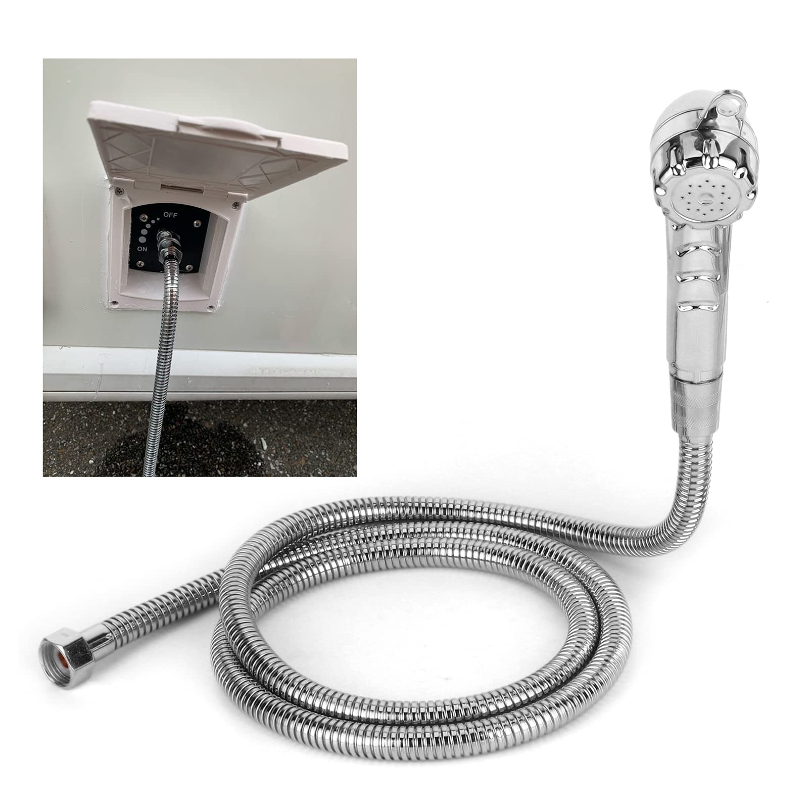 Kit de Tuyau de Pomme de Douche en Acier Inoxydable pour Camping-car, Alimentation en Eau Extérieure avec Tuyau de 1,5 M pour Camping-cars, Camping-cars, Yachts, Taille Compacte,