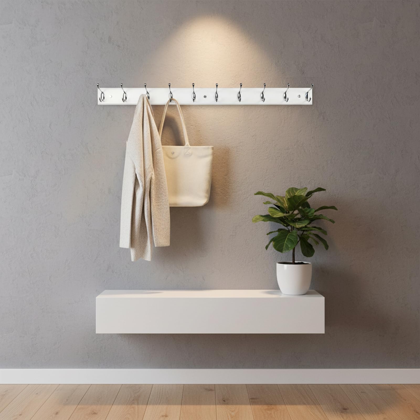 Appendiabiti da parete in legno con 10 ganci, 95 cm, bianco, robusto appendiabiti in argento per vestiti, cappelli, borse, grande appendiabiti moderno in legno per ingresso, corridoio