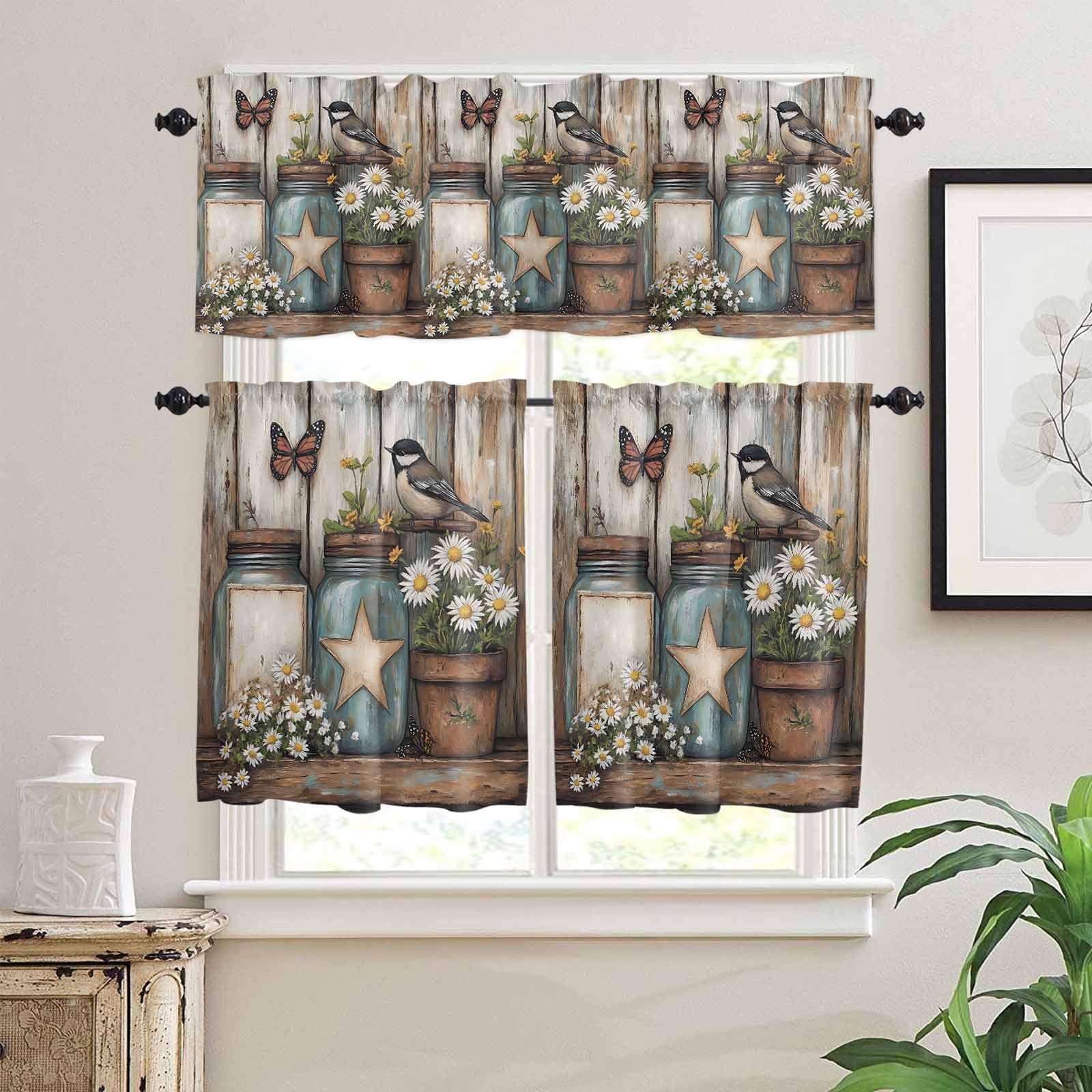 Country Flower Kitchen Curtains 24 Inch Length,3 Piece Rod Pocket Small Half Tiers and Valance Set,Retro Western Texas Star Butterfly Bird Small Large Window Treatment Decor for Bedroom/Bathroom Sink