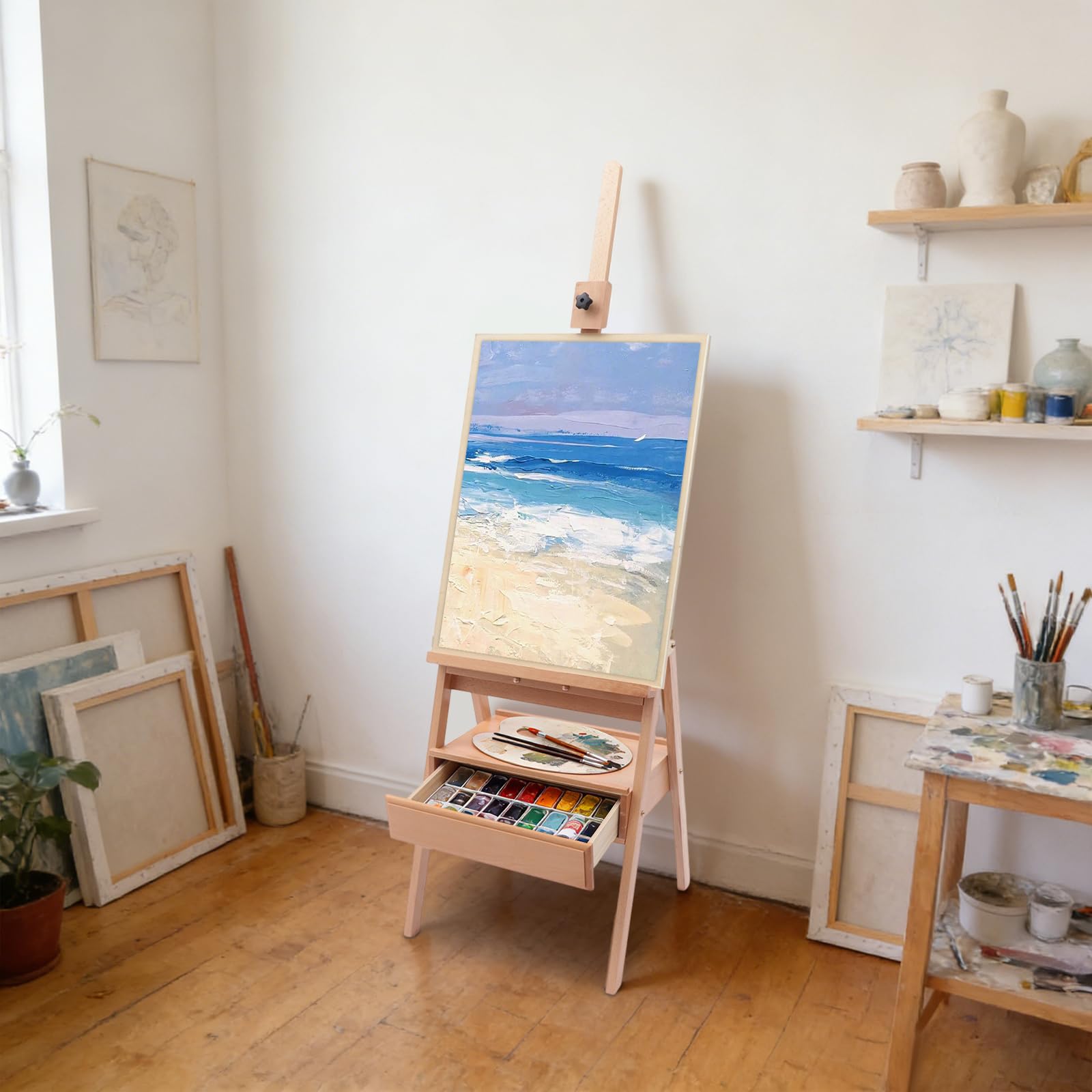 Chevalet De Peinture Sur Pied En Hêtre Chevalet D'Atelier Réglable, Support De Toile forme H Avec Tiroir Pliable Avec Mallette De Transport, Pour Enfant Débutant Artiste Professionnel